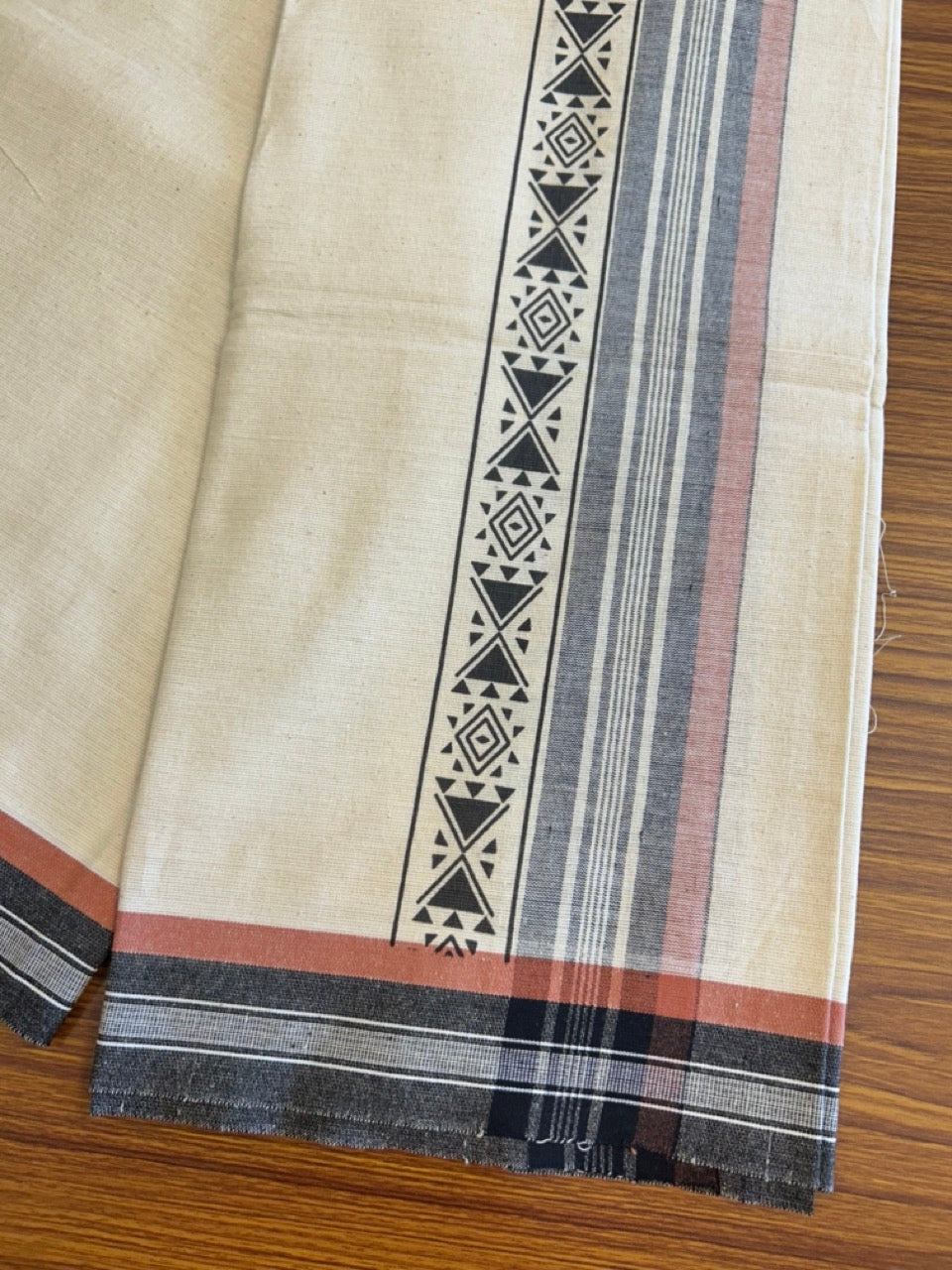 12% Discount !! Kaitharikada Pure Cotton Single OFF WHITE - (Unbleached) Kaily / Lungi - 3.75  inch Printed Black & Brownish Orange Striped Kuppadam kara with OFF WHITE colour body (2 meter / 4 muzham) - 7KK8009AS