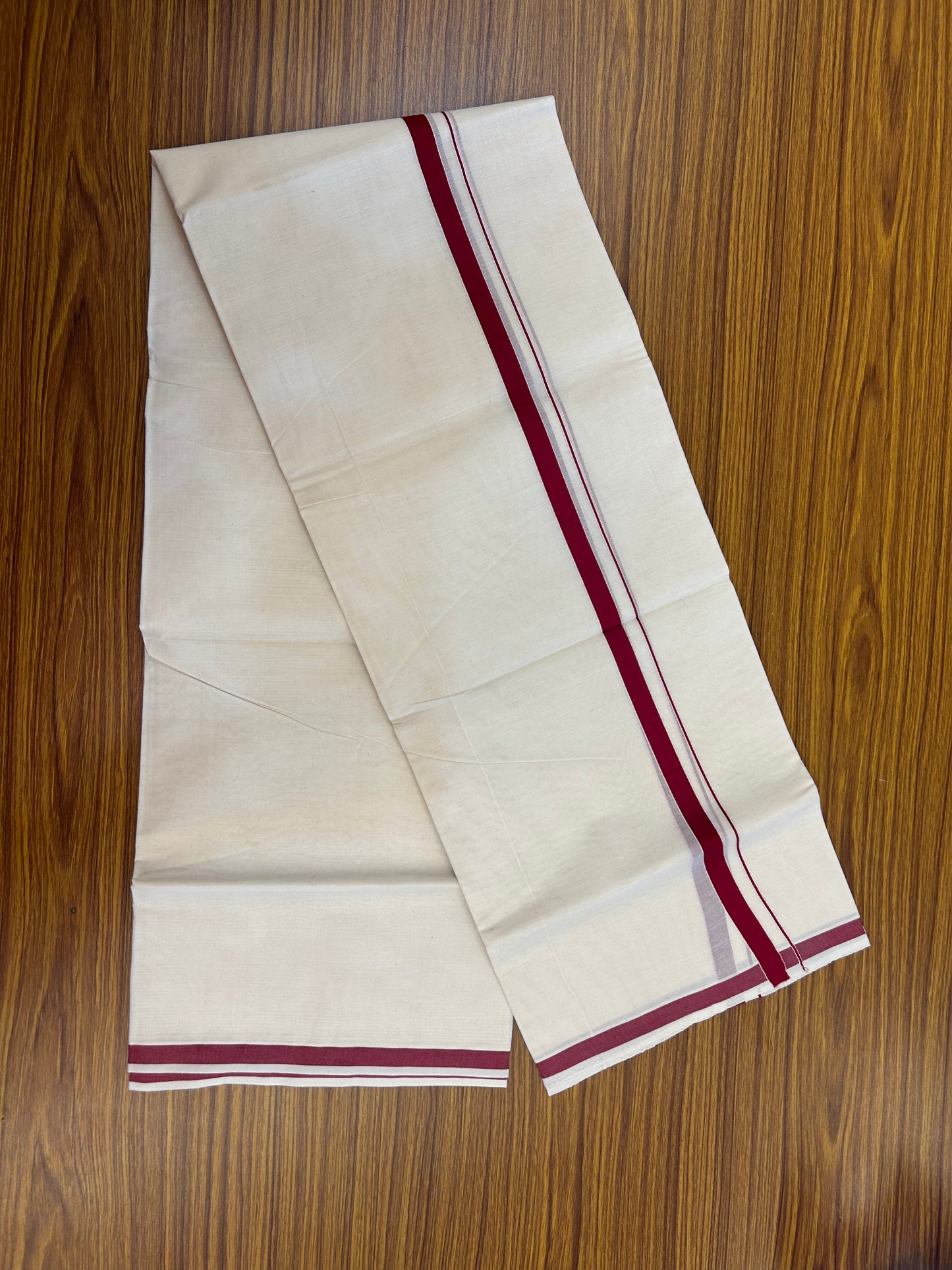20% Discount! KaithariKada Balaramapuram 100% Cotton Double Off white - (Unbleached) - Mundu/Dhoti  (80s) - 1.5 cm Maroon Red Kara 4 mtr (8.5 muzham) - 43 KK5362 GAN