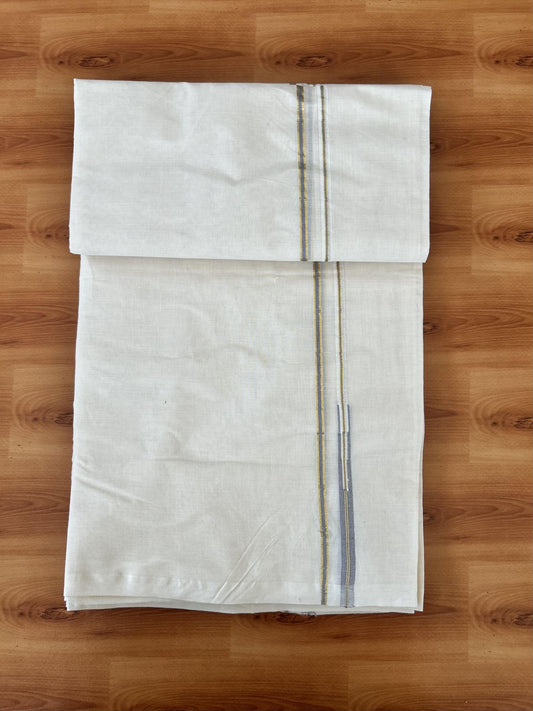 Double Off white Mundu/Dhoti - 20% Discount! KaithariKada 100% Cotton - 100x100 - 1 cm Puliyilakkara Gold Kasav & Grey Chutty Kara 4 mtr (8.5 muzham) - 11 KK5453 ASH