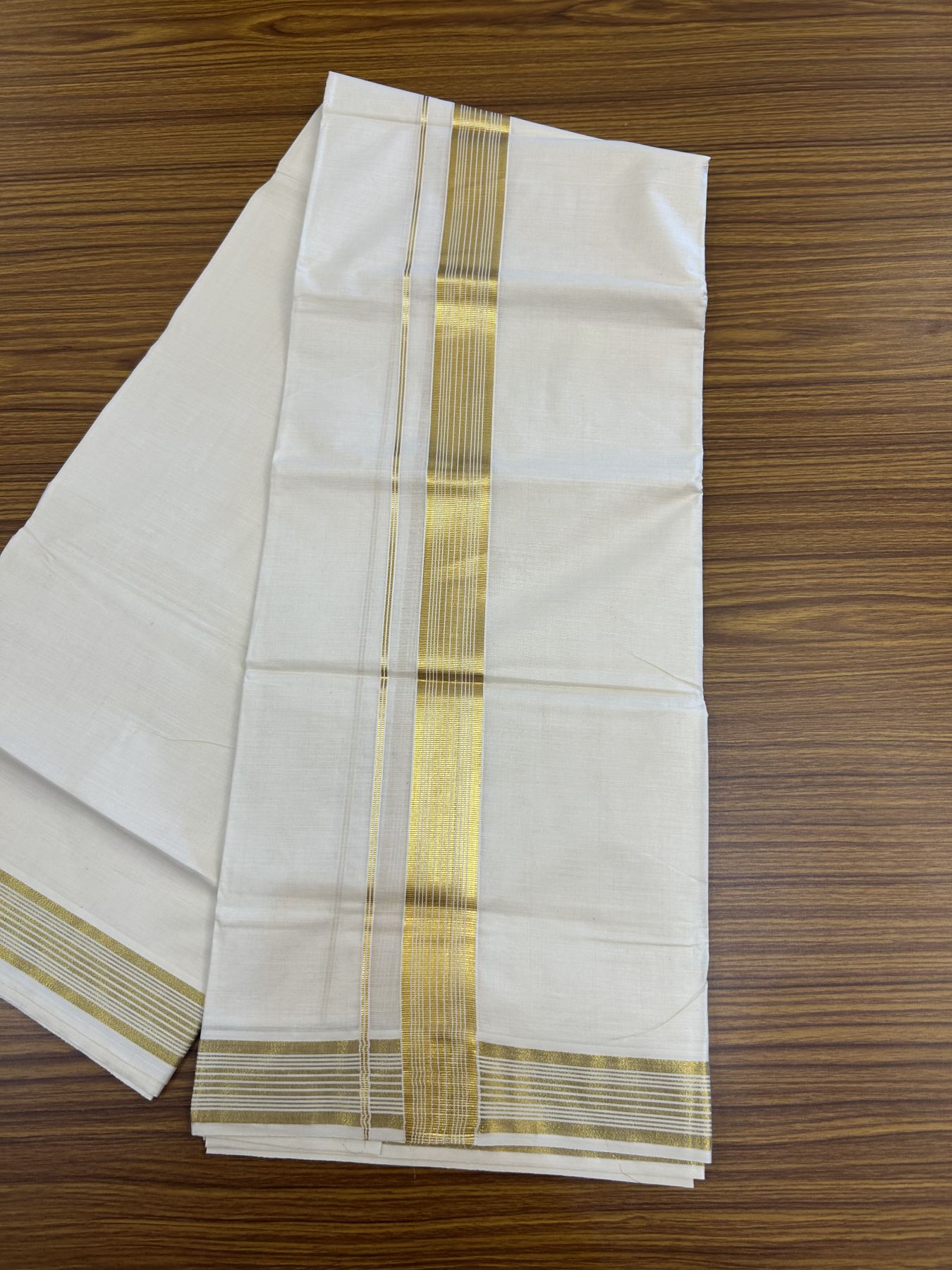 20% Discount ! KaithariKada Balaramapuram - 100% Pure Cotton Off White - (Unbleached) Double Mundu/Dhoti - 100X80 - 1.5 inch Gold Kasav Striped Kara - 2 KK5340 VIN