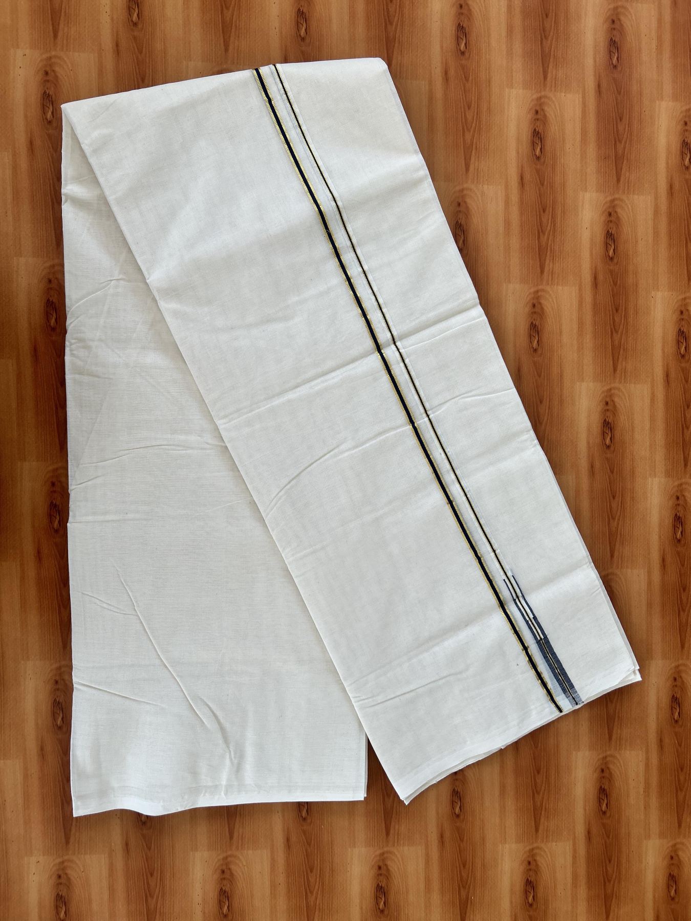 Double Off white Mundu/Dhoti - 20% Discount! KaithariKada 100% Cotton - 100x100 - 1 cm Puliyilakkara Gold Kasav & Navy Blue Chutty Kara 4 mtr (8.5 muzham) - 12 KK5453 ASH