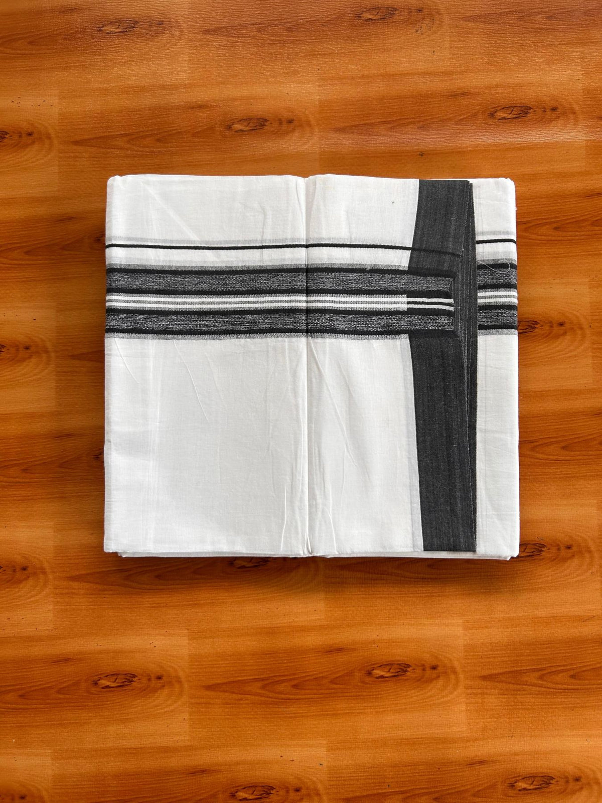Double Pure White Mundu/Dhoti -20% Discount! KaithariKada 100% Cotton - 100x80 - 1.75 Inch Black Shaded Striped Kara - 3.80 mtr (8 muzham) - 27 KK5519 PMC