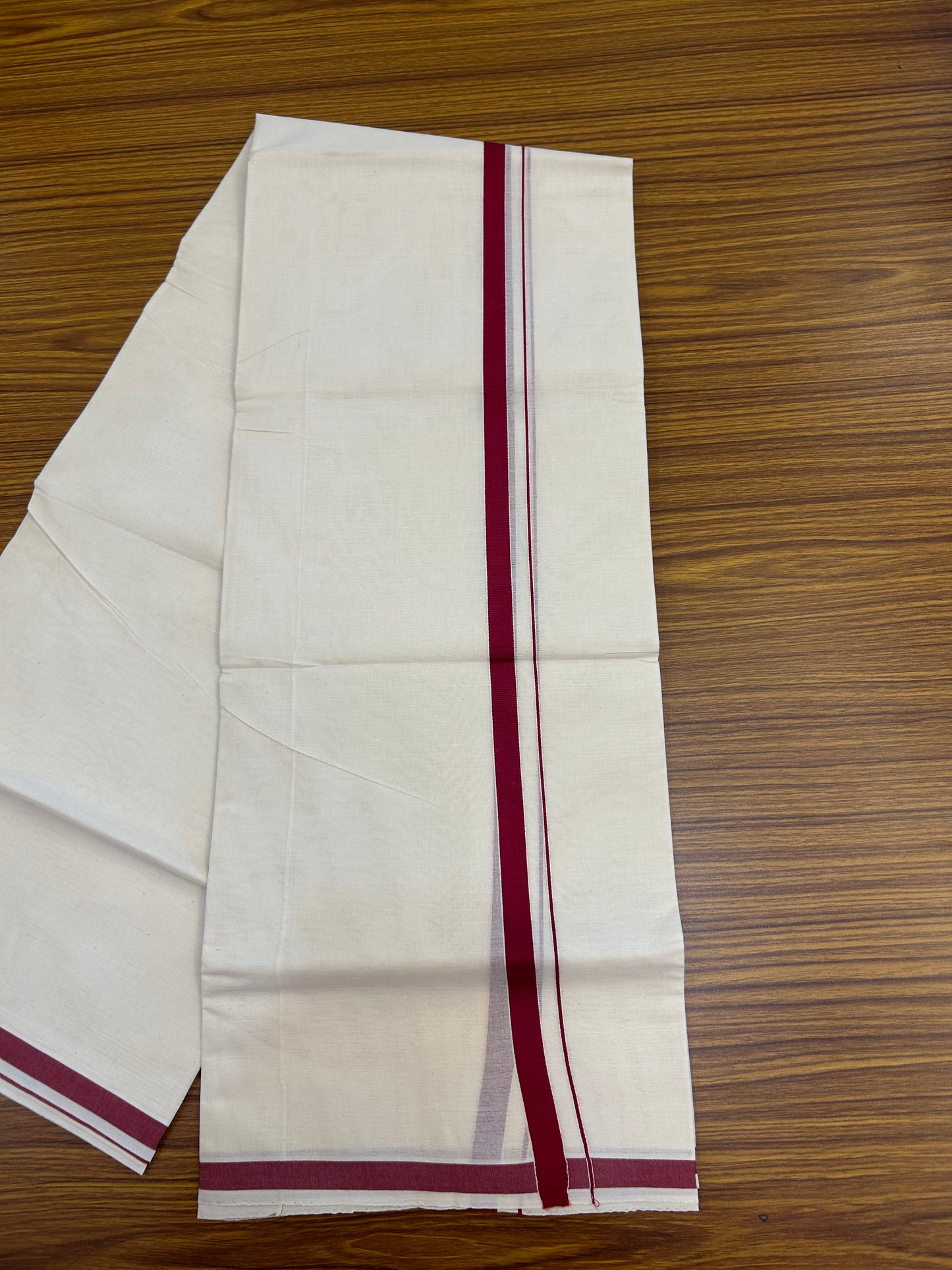20% Discount! KaithariKada Balaramapuram 100% Cotton Double Off white - (Unbleached) - Mundu/Dhoti  (80s) - 1.5 cm Maroon Red Kara 4 mtr (8.5 muzham) - 43 KK5362 GAN