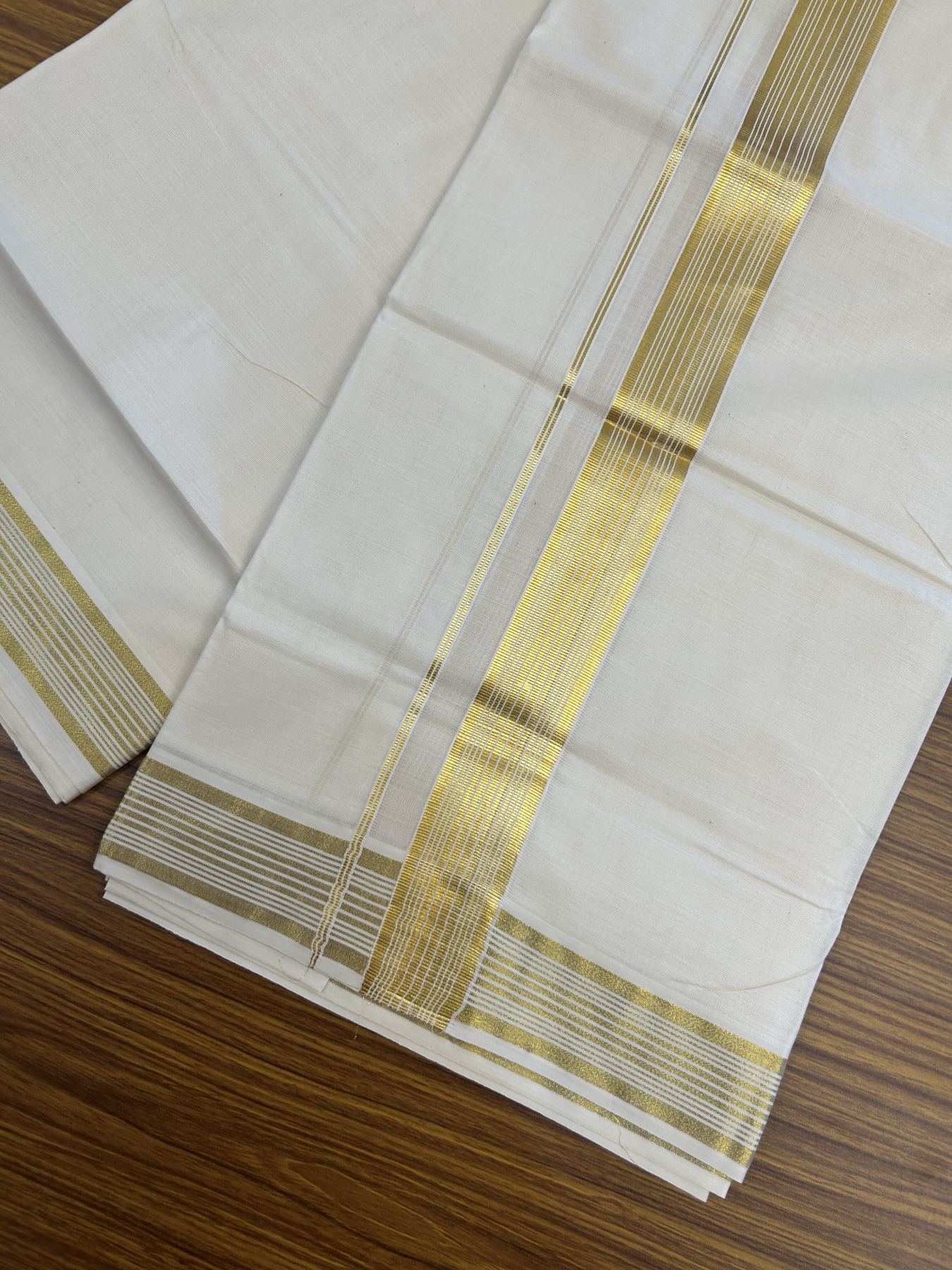 20% Discount ! KaithariKada Balaramapuram - 100% Pure Cotton Off White - (Unbleached) Double Mundu/Dhoti - 100X80 - 1.5 inch Gold Kasav Striped Kara - 2 KK5340 VIN