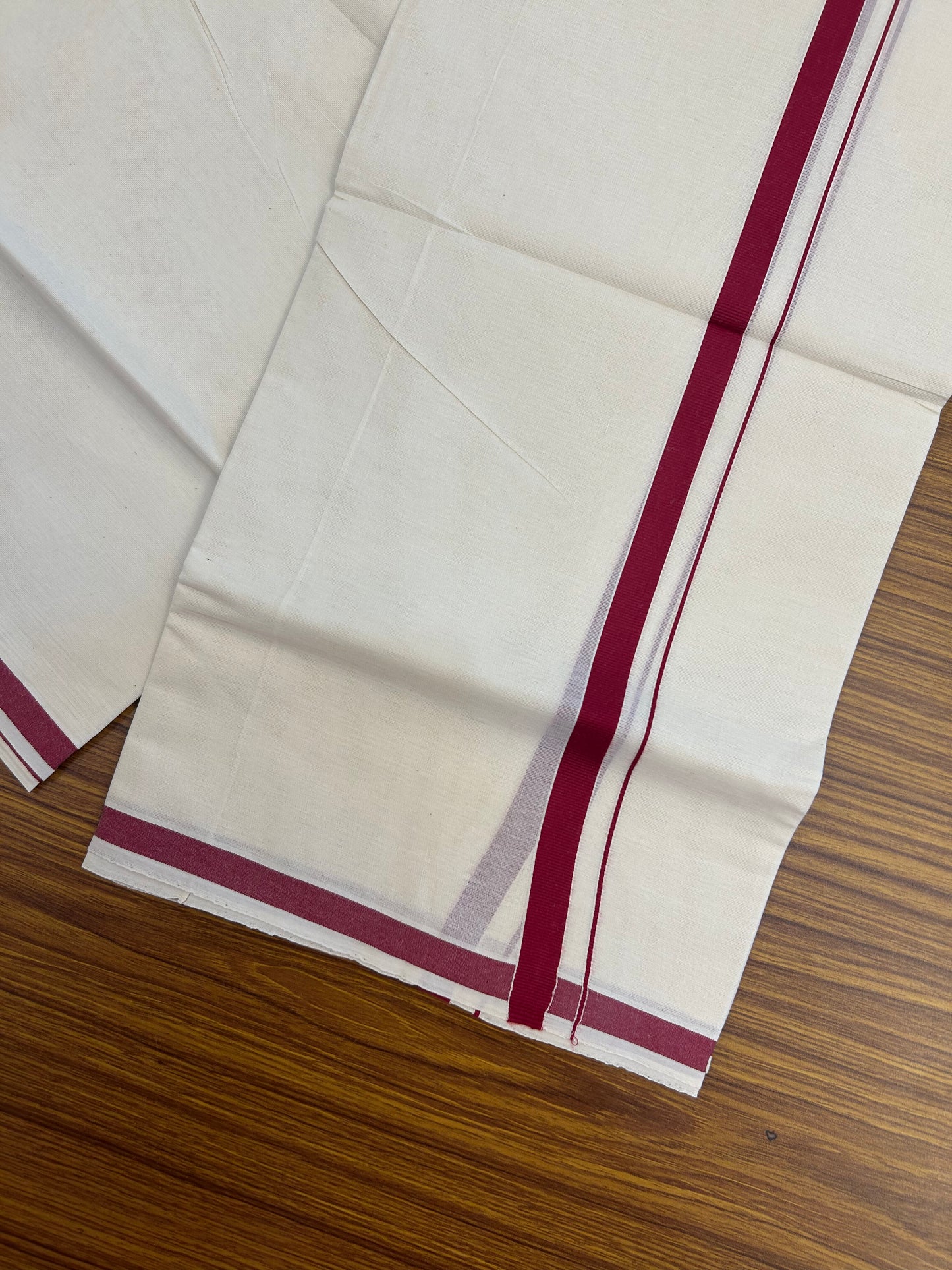 20% Discount! KaithariKada Balaramapuram 100% Cotton Double Off white - (Unbleached) - Mundu/Dhoti  (80s) - 1.5 cm Maroon Red Kara 4 mtr (8.5 muzham) - 43 KK5362 GAN