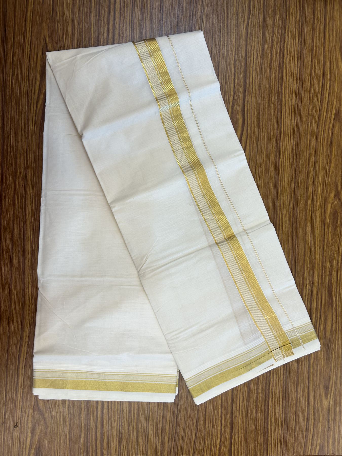 20% Discount ! KaithariKada Balaramapuram - 100% Pure Cotton Off White - (Unbleached) Double Mundu/Dhoti - 100X80 - 1.5 inch Gold Kasav Striped Kara 4 mtr (8.5 muzham) - 3 KK5340 VIN