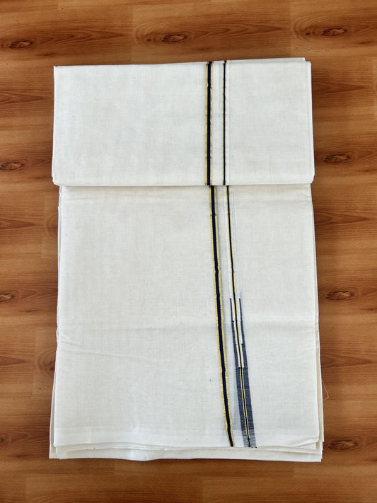 Double Off white Mundu/Dhoti - 20% Discount! KaithariKada 100% Cotton - 100x100 - 1 cm Puliyilakkara Gold Kasav & Navy Blue Chutty Kara 4 mtr (8.5 muzham) - 12 KK5453 ASH