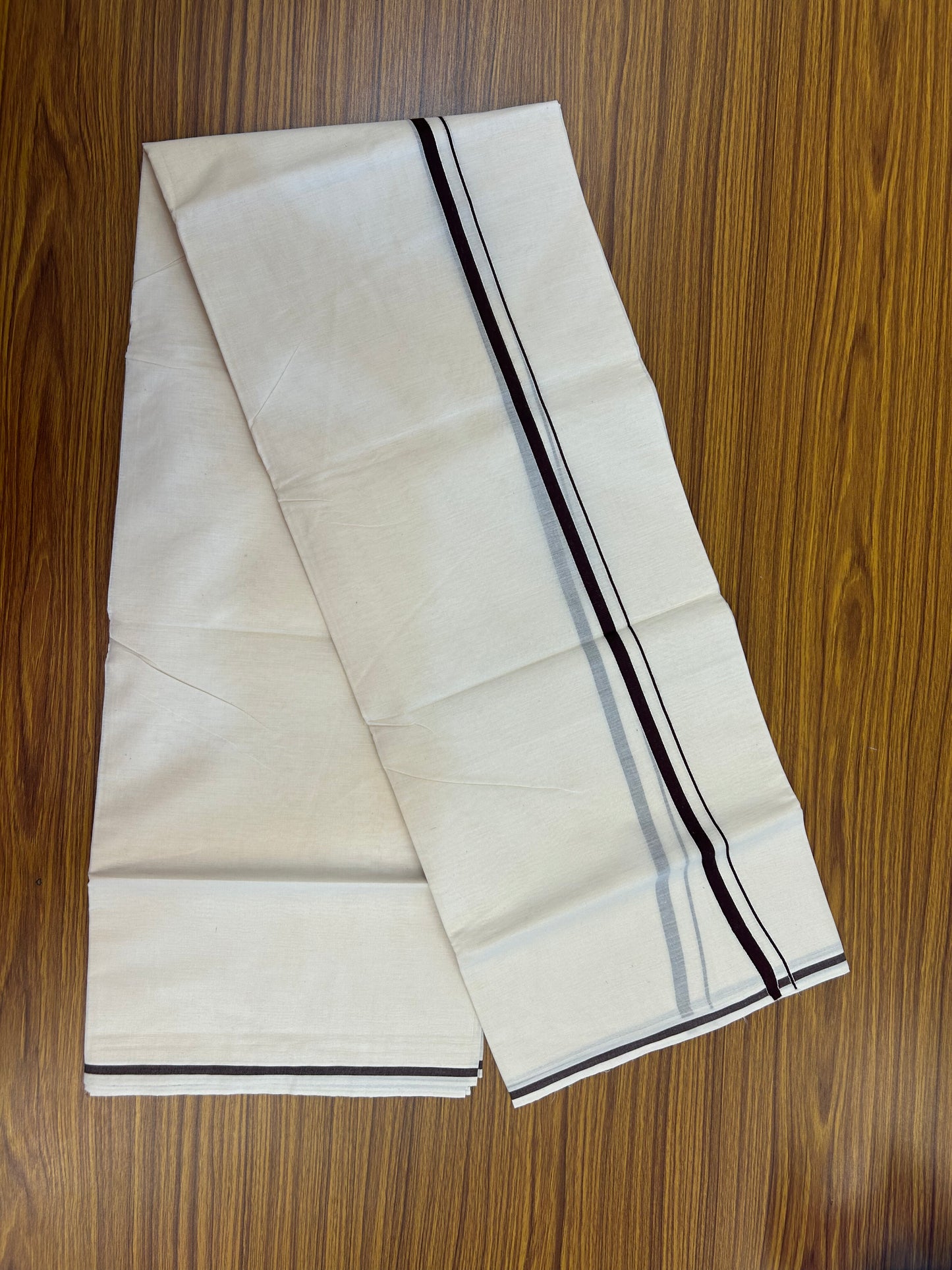 20% Discount! KaithariKada Balaramapuram 100% Cotton Double Off white - (Unbleached) - Mundu/Dhoti  (80s) - 1 cm Dark Brown Kara 4 mtr (8.5 muzham) - 53 KK5362 GAN