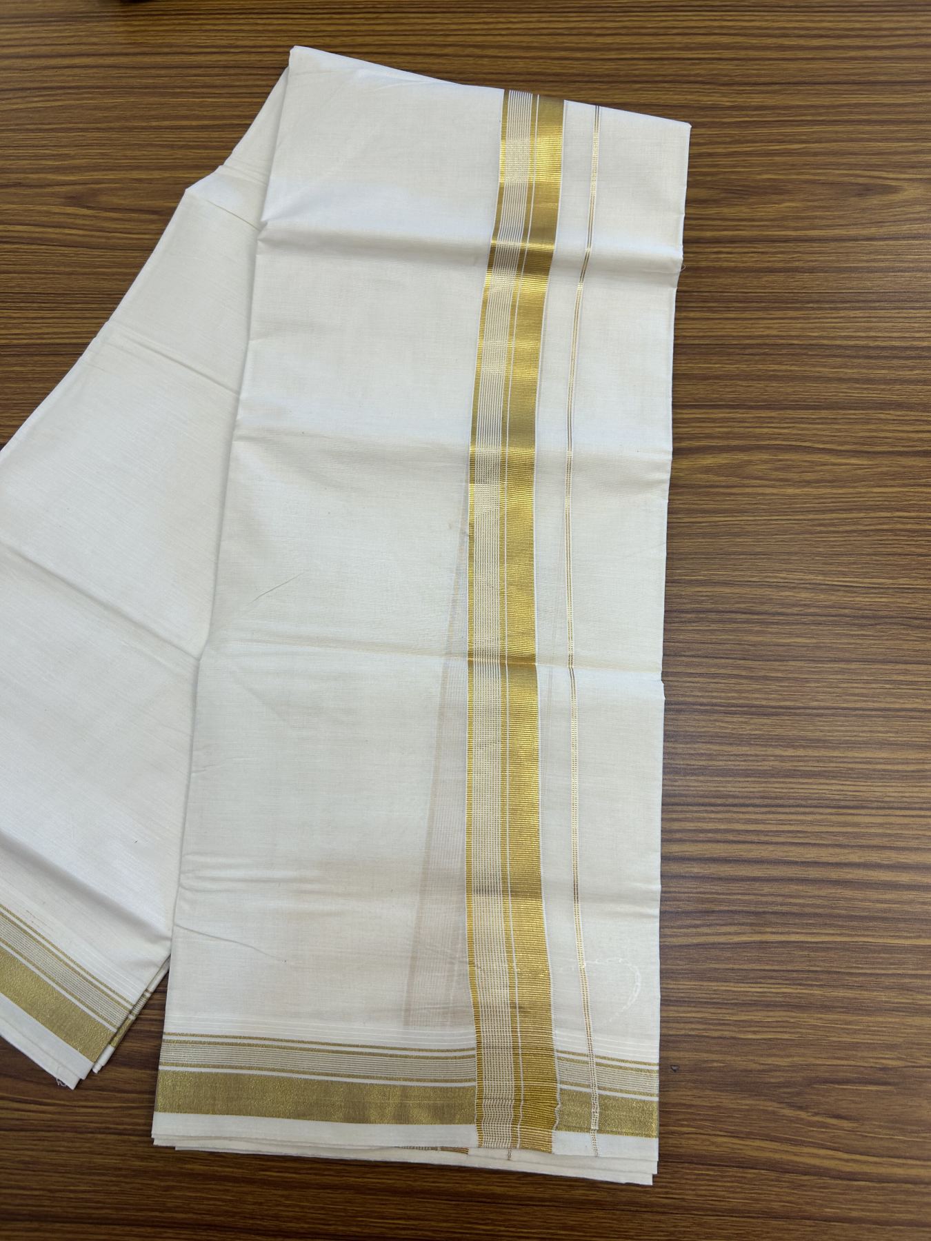 20% Discount ! KaithariKada Balaramapuram - 100% Pure Cotton Off White - (Unbleached) Double Mundu/Dhoti - 100X80 - 1.5 inch Gold Kasav Striped Kara 4 mtr (8.5 muzham) - 3 KK5340 VIN