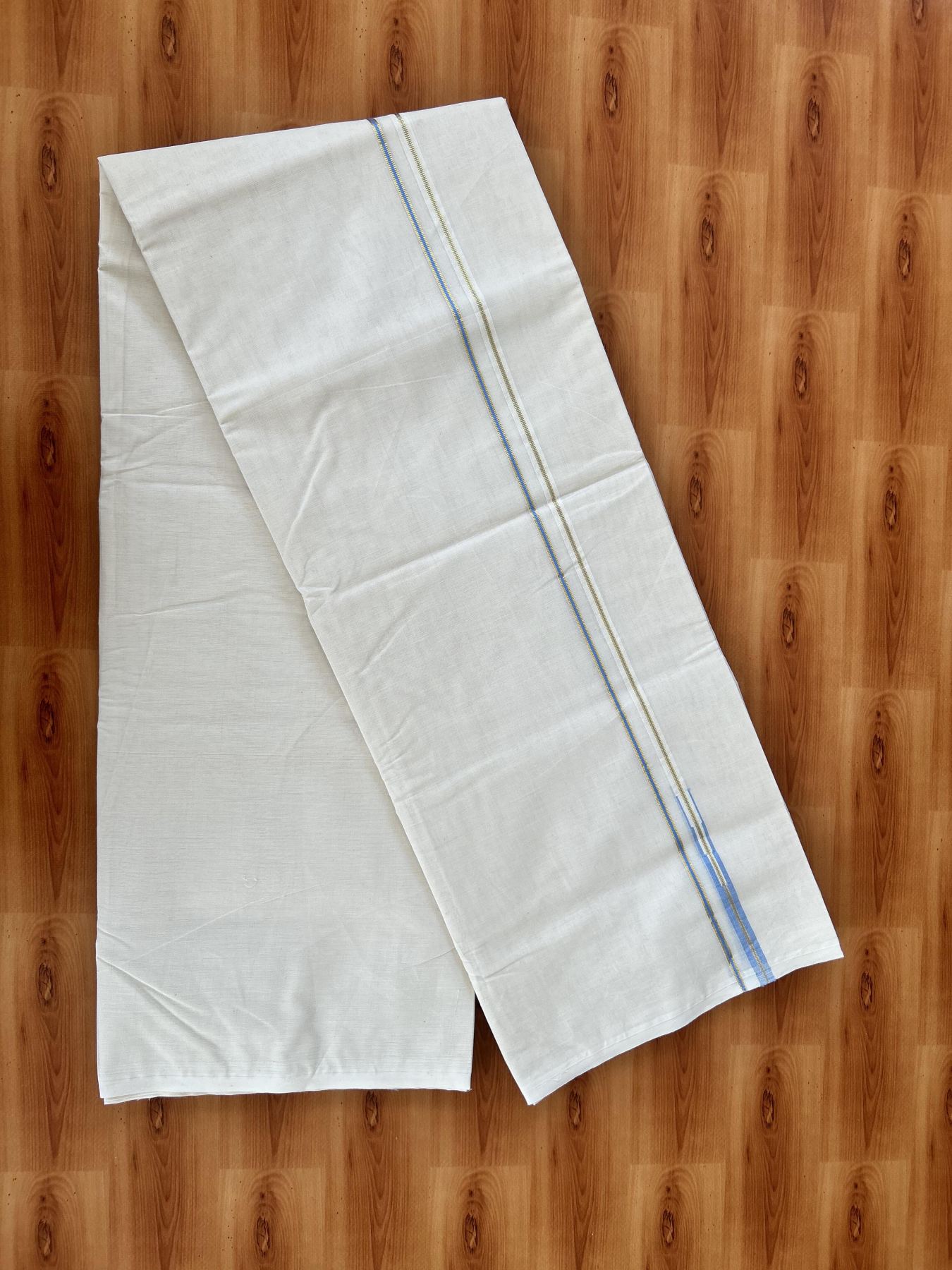 Double Off white Mundu/Dhoti - 20% Discount! KaithariKada 100% Cotton - 100x100 - 1 cm Puliyilakkara Gold Kasav & Light Blue Chutty Kara 4 mtr (8.5 muzham) - 2 KK5453 ASH