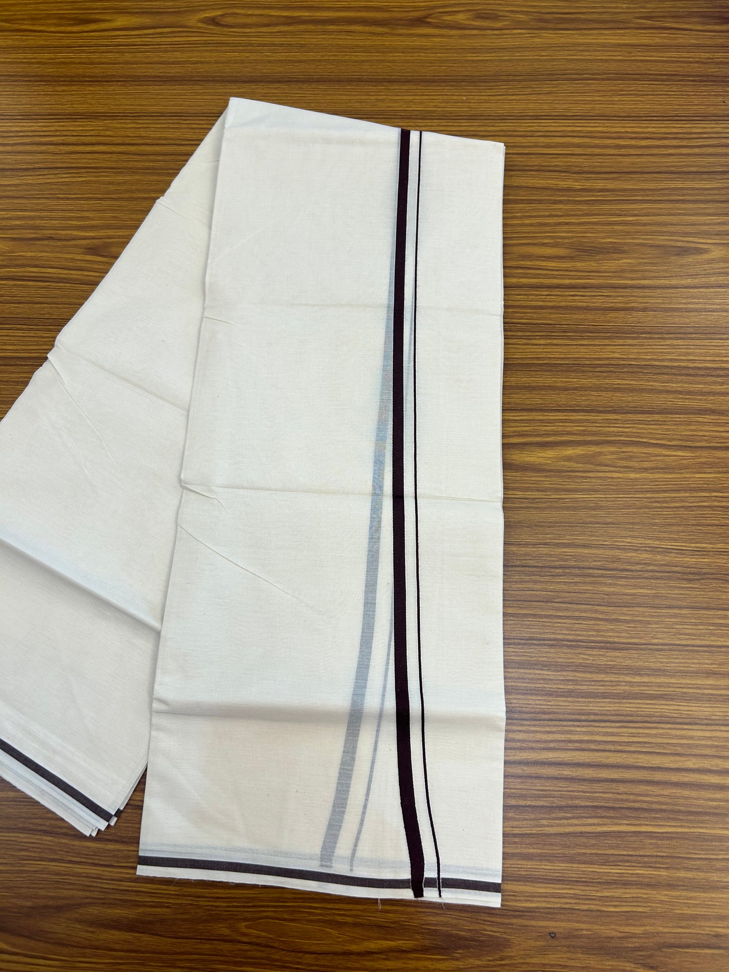 20% Discount! KaithariKada Balaramapuram 100% Cotton Double Off white - (Unbleached) - Mundu/Dhoti  (80s) - 1 cm Dark Brown Kara 4 mtr (8.5 muzham) - 53 KK5362 GAN
