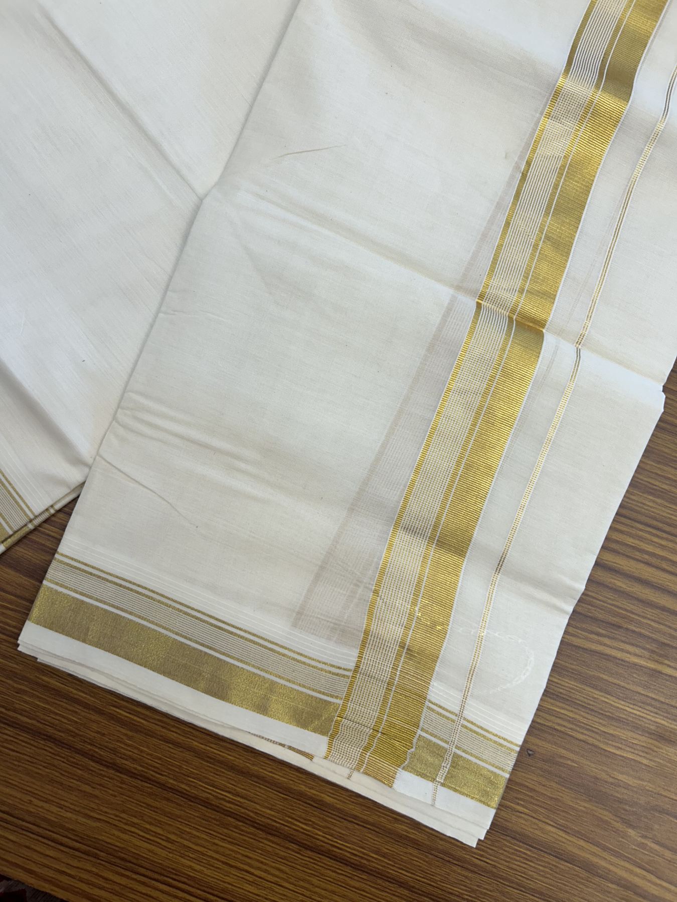 20% Discount ! KaithariKada Balaramapuram - 100% Pure Cotton Off White - (Unbleached) Double Mundu/Dhoti - 100X80 - 1.5 inch Gold Kasav Striped Kara 4 mtr (8.5 muzham) - 3 KK5340 VIN