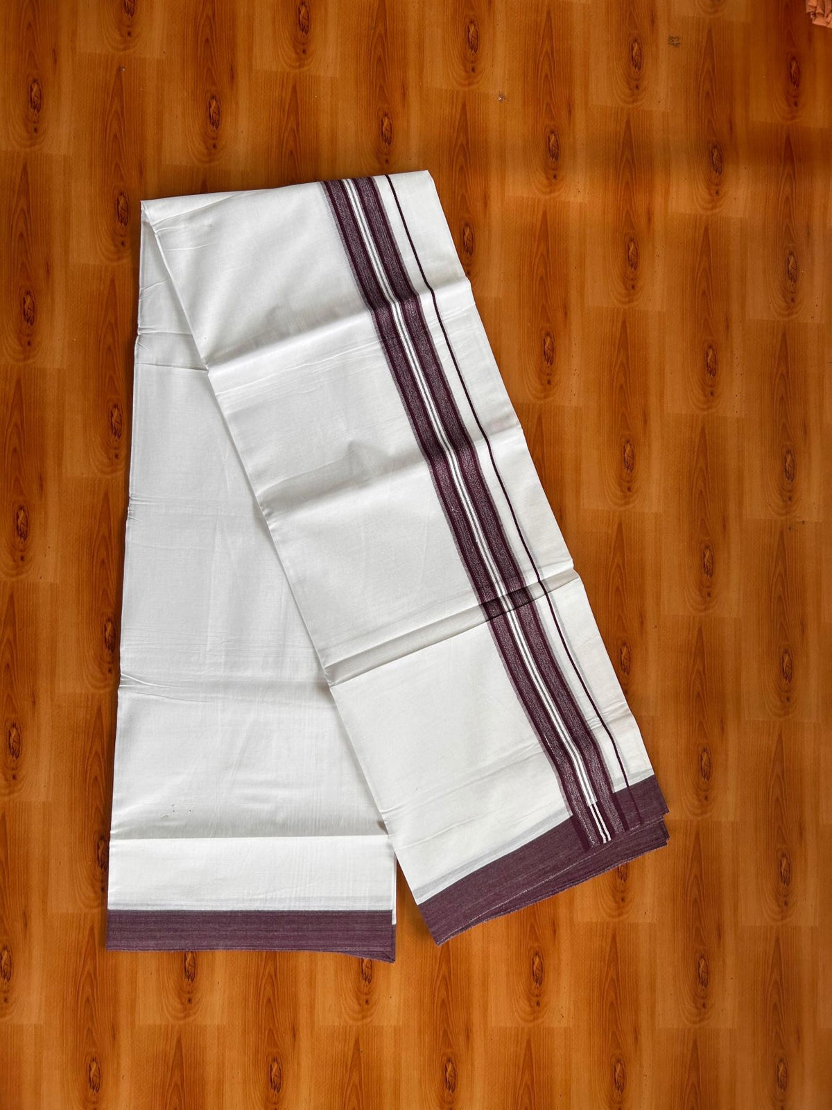 Double Pure White Mundu/Dhoti -20% Discount! KaithariKada 100% Cotton - 100x80 - 1.75 Inch Grape Wine Shaded Striped Kara - 3.80 mtr (8 muzham) - 28 KK5519 PMC