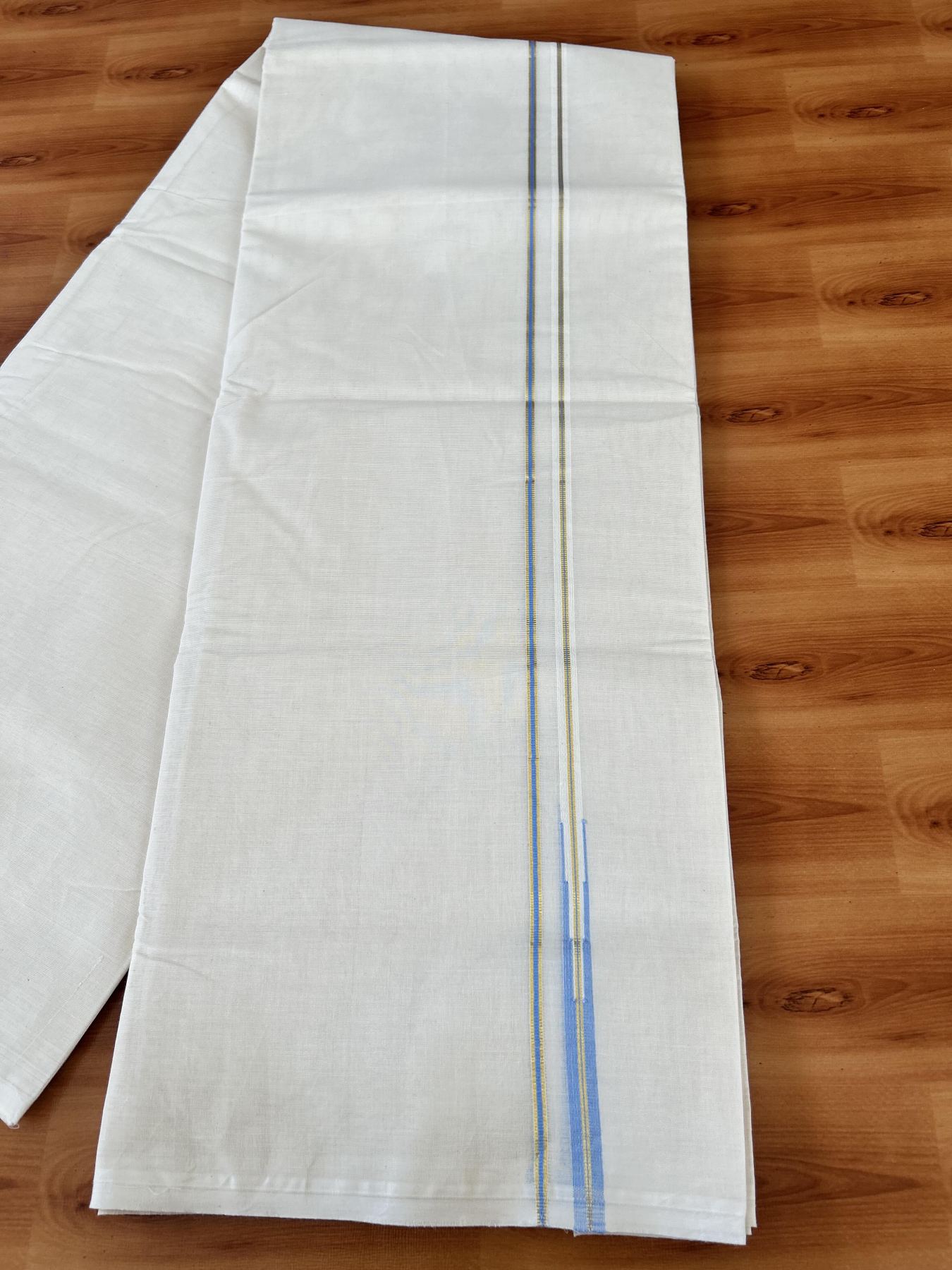 Double Off white Mundu/Dhoti - 20% Discount! KaithariKada 100% Cotton - 100x100 - 1 cm Puliyilakkara Gold Kasav & Light Blue Chutty Kara 4 mtr (8.5 muzham) - 2 KK5453 ASH