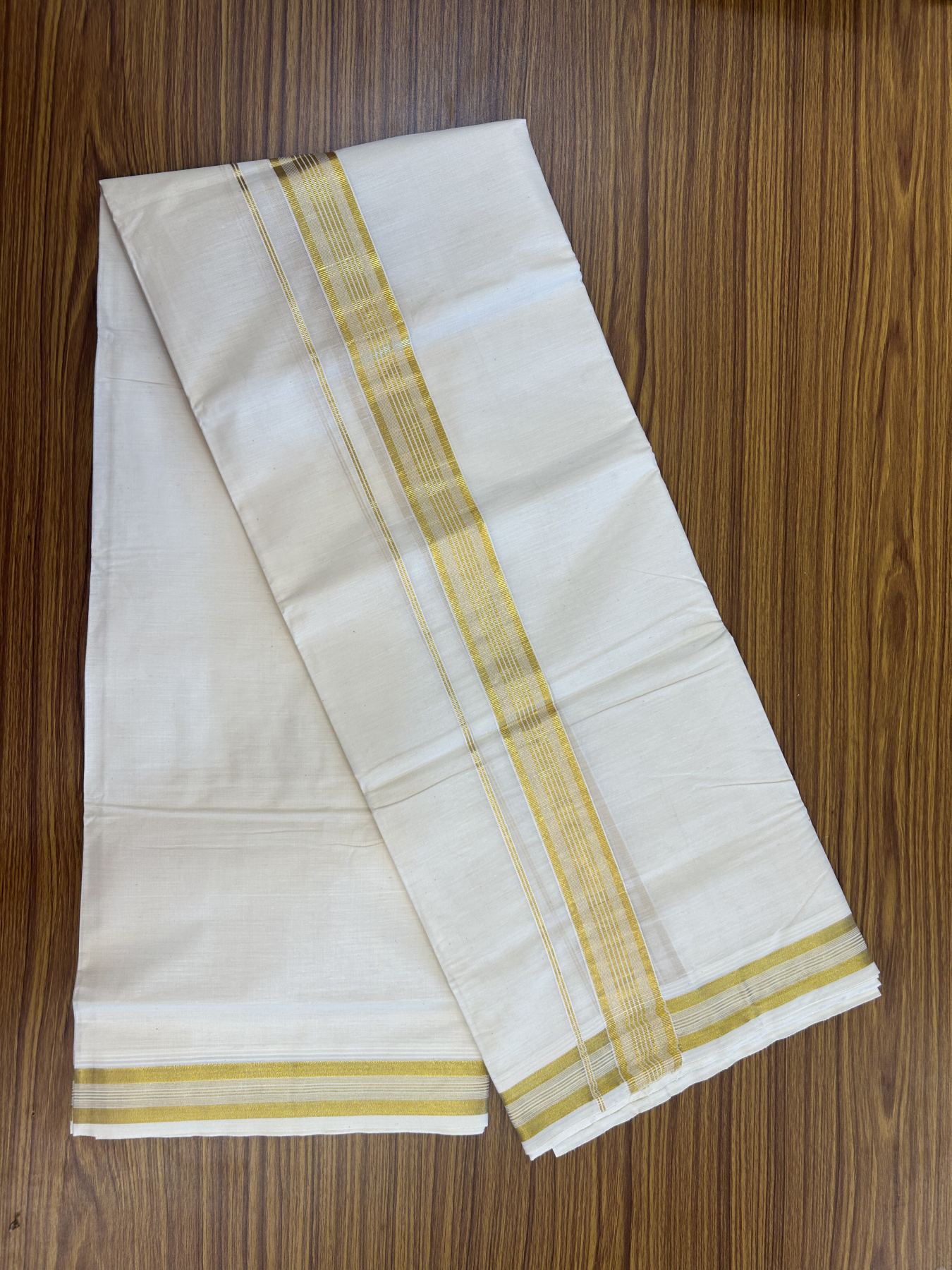 20% Discount ! KaithariKada Balaramapuram - 100% Pure Cotton Off White - (Unbleached) Double Mundu/Dhoti - 100X80 - 1.5 inch Gold Kasav Striped Kara 4 mtr (8.5 muzham) - 4 KK5340 VIN