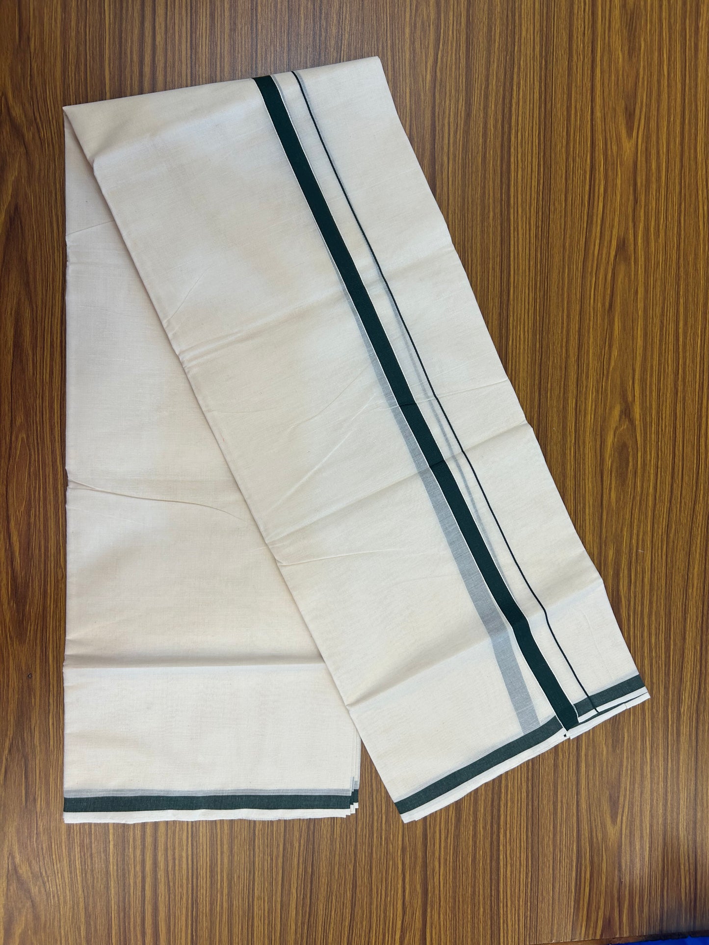 20% Discount! KaithariKada Balaramapuram 100% Cotton Double Off white - (Unbleached) - Mundu/Dhoti  (80s) - 1.5 cm Dark Green Kara 4 mtr (8.5 muzham) - 41 KK5362 GAN