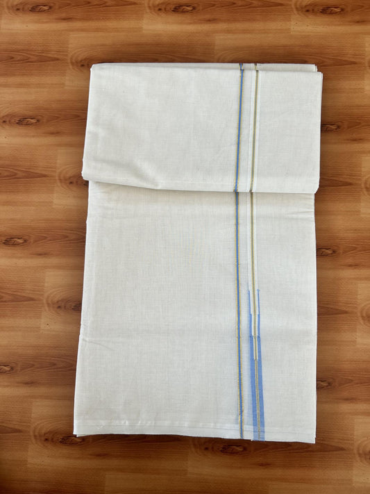 Double Off white Mundu/Dhoti - 20% Discount! KaithariKada 100% Cotton - 100x100 - 1 cm Puliyilakkara Gold Kasav & Light Blue Chutty Kara 4 mtr (8.5 muzham) - 2 KK5453 ASH