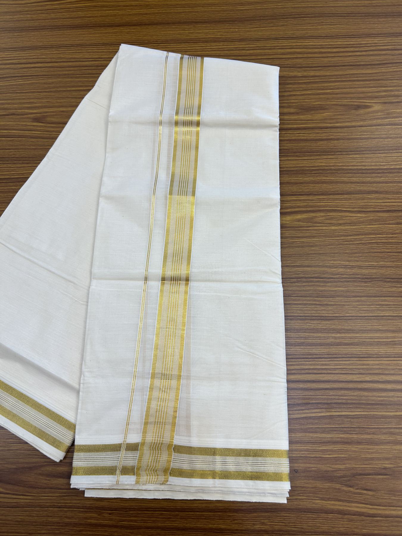 20% Discount ! KaithariKada Balaramapuram - 100% Pure Cotton Off White - (Unbleached) Double Mundu/Dhoti - 100X80 - 1.5 inch Gold Kasav Striped Kara 4 mtr (8.5 muzham) - 4 KK5340 VIN
