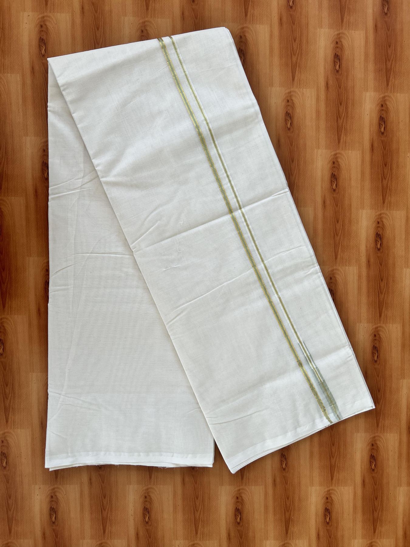 Double Off white Mundu/Dhoti - 20% Discount! KaithariKada 100% Cotton - 100x100 - 1 cm Puliyilakkara Gold Kasav & Pista Green Chutty Kara 4 mtr (8.5 muzham) - 3 KK5453 ASH