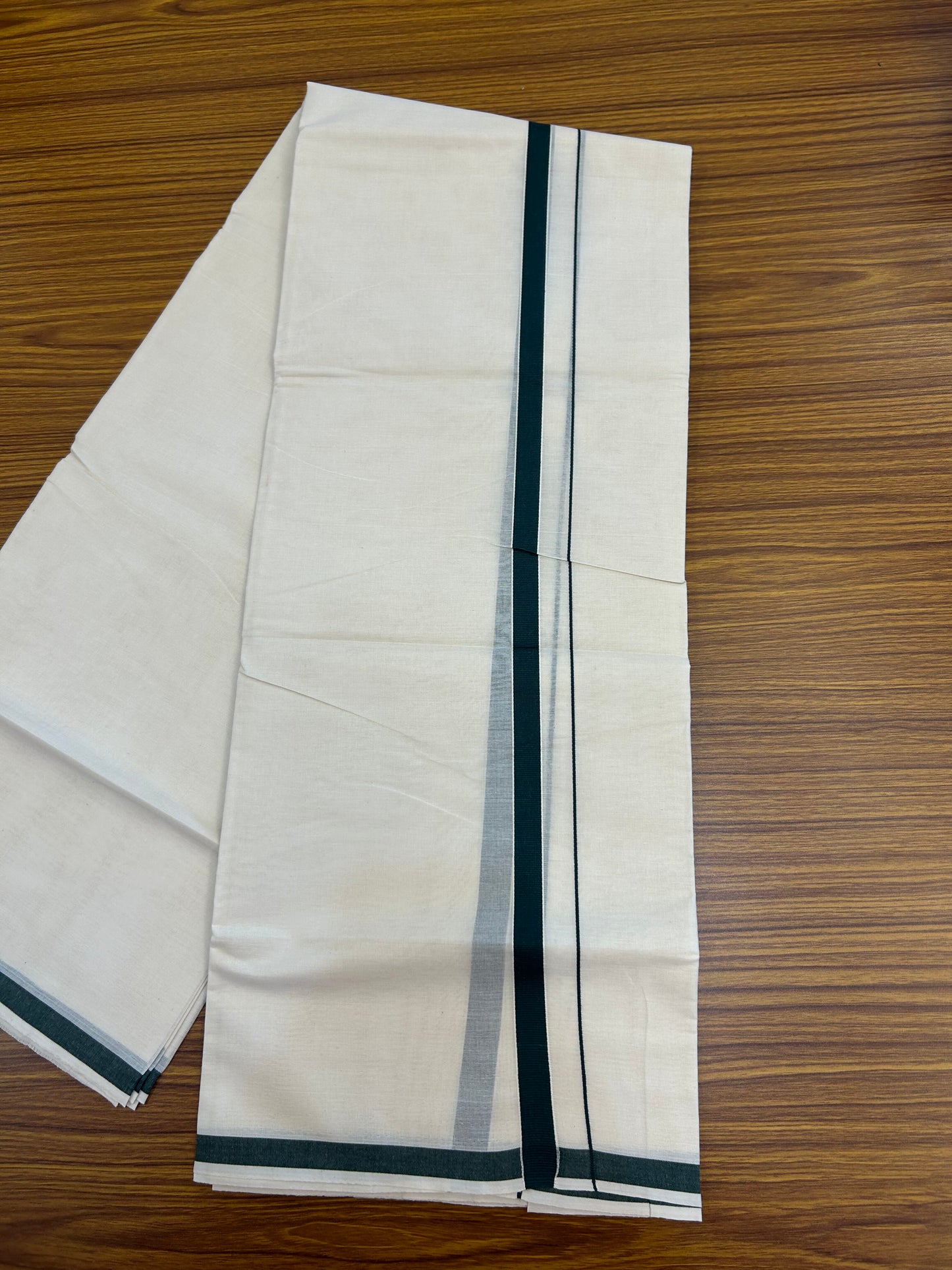 20% Discount! KaithariKada Balaramapuram 100% Cotton Double Off white - (Unbleached) - Mundu/Dhoti  (80s) - 1.5 cm Dark Green Kara 4 mtr (8.5 muzham) - 41 KK5362 GAN