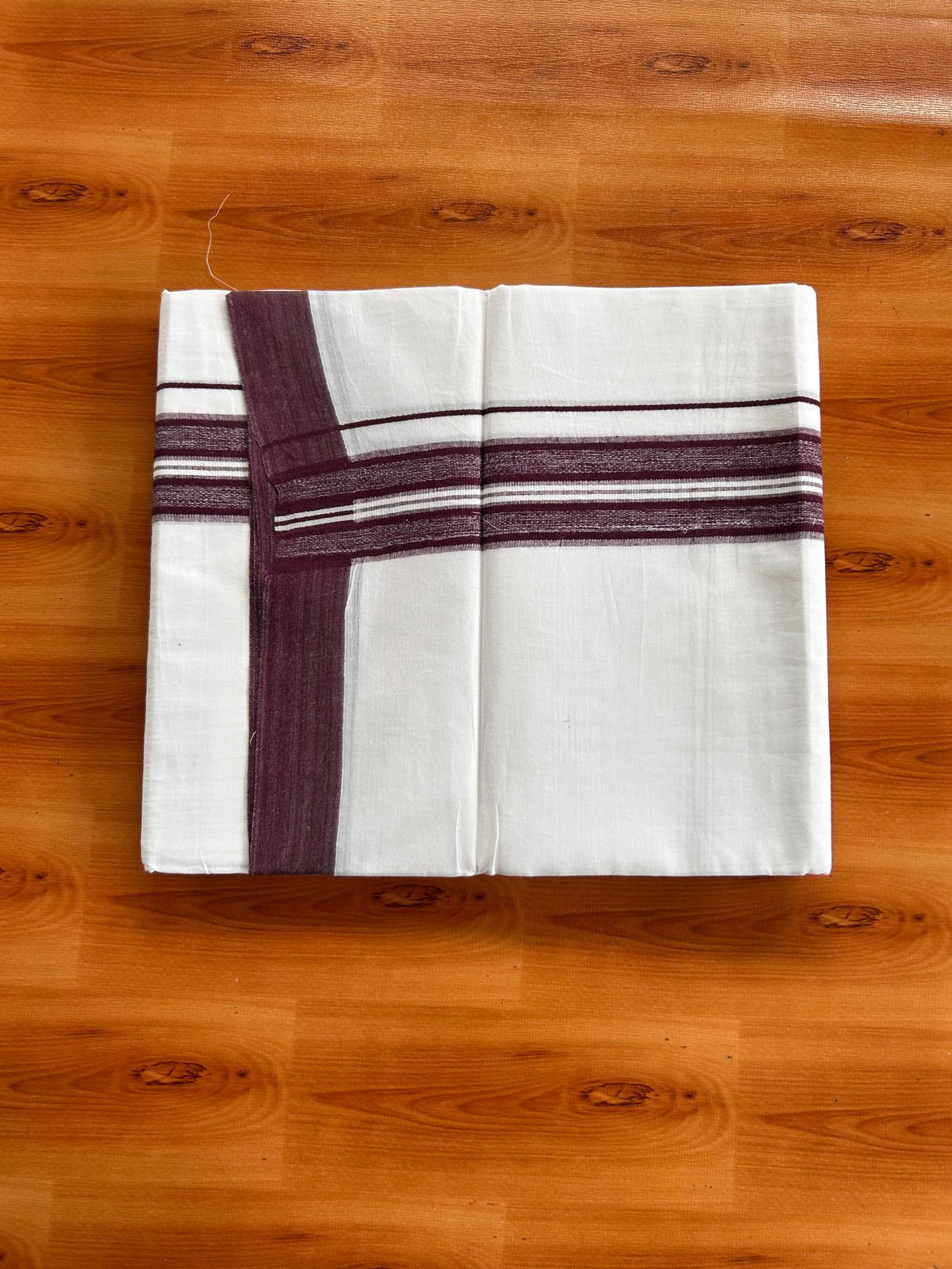 Double Pure White Mundu/Dhoti -20% Discount! KaithariKada 100% Cotton - 100x80 - 1.75 Inch Grape Wine Shaded Striped Kara - 3.80 mtr (8 muzham) - 28 KK5519 PMC