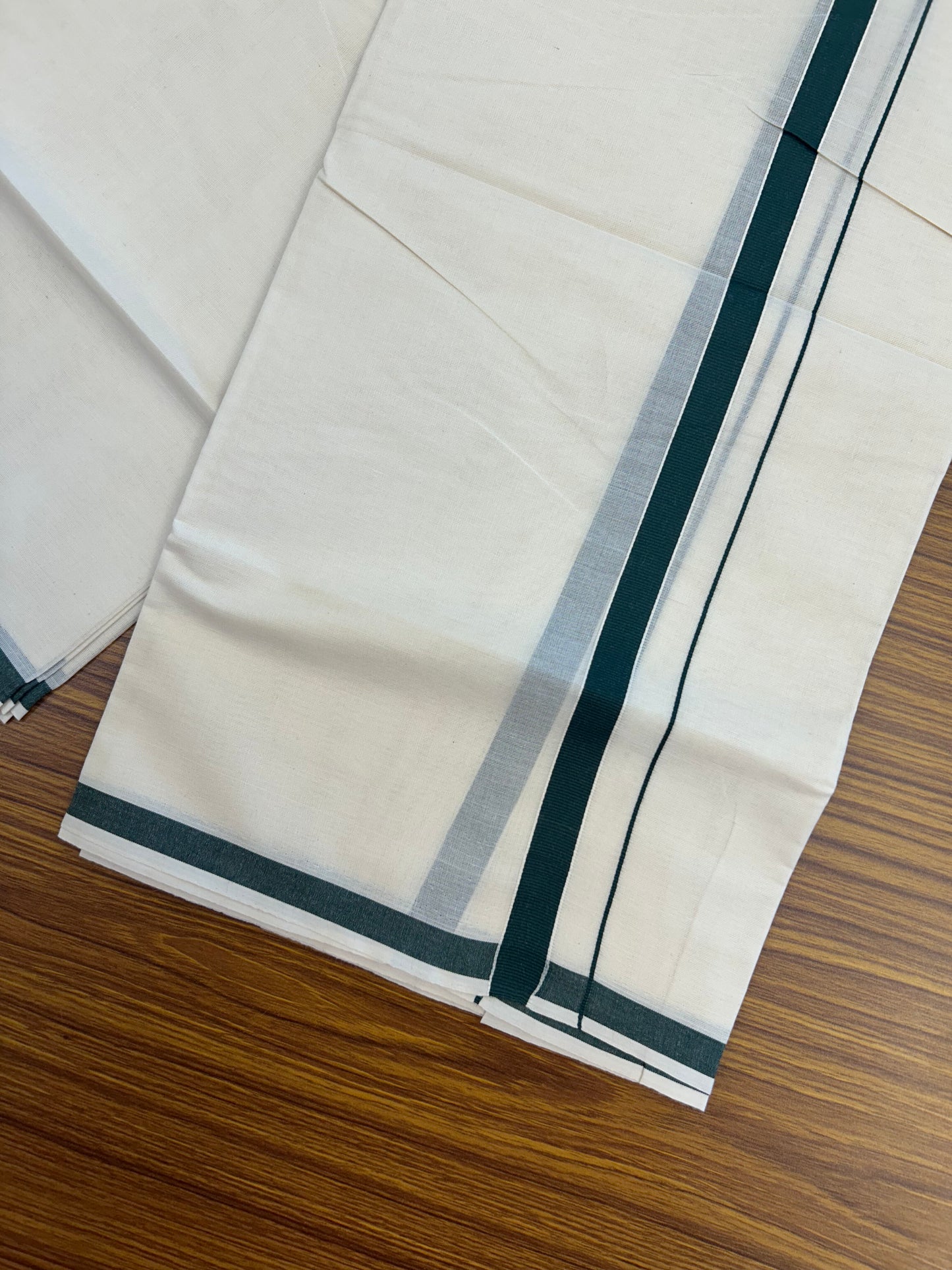20% Discount! KaithariKada Balaramapuram 100% Cotton Double Off white - (Unbleached) - Mundu/Dhoti  (80s) - 1.5 cm Dark Green Kara 4 mtr (8.5 muzham) - 41 KK5362 GAN
