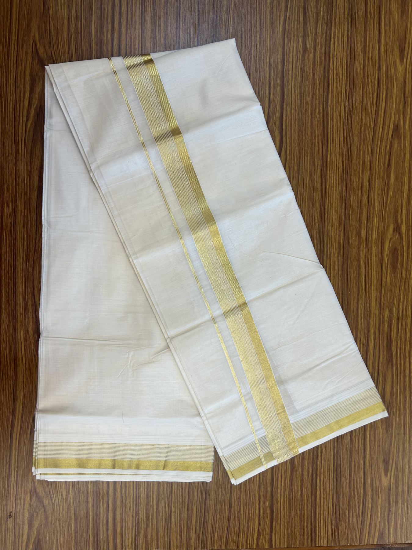 20% Discount ! KaithariKada Balaramapuram - 100% Pure Cotton Off White - (Unbleached) Double Mundu/Dhoti - 100X80 - 1.5 inch Gold Kasav Striped Kara 4 mtr (8.5 muzham) - 9 KK5340 VIN