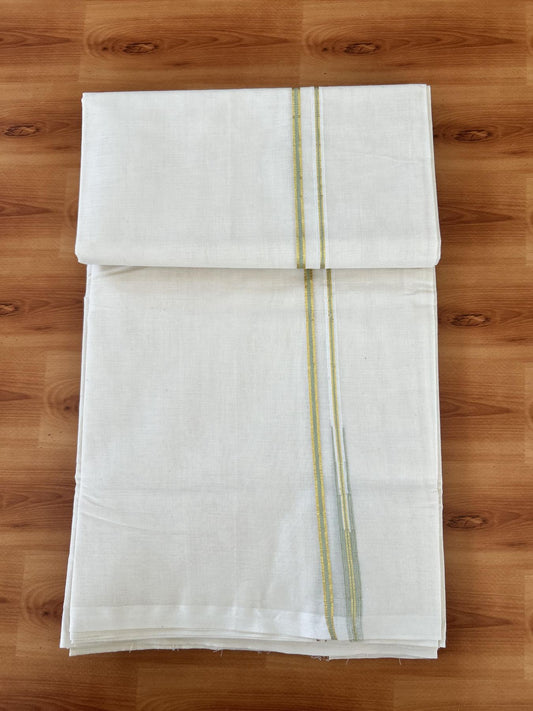 Double Off white Mundu/Dhoti - 20% Discount! KaithariKada 100% Cotton - 100x100 - 1 cm Puliyilakkara Gold Kasav & Pista Green Chutty Kara 4 mtr (8.5 muzham) - 3 KK5453 ASH