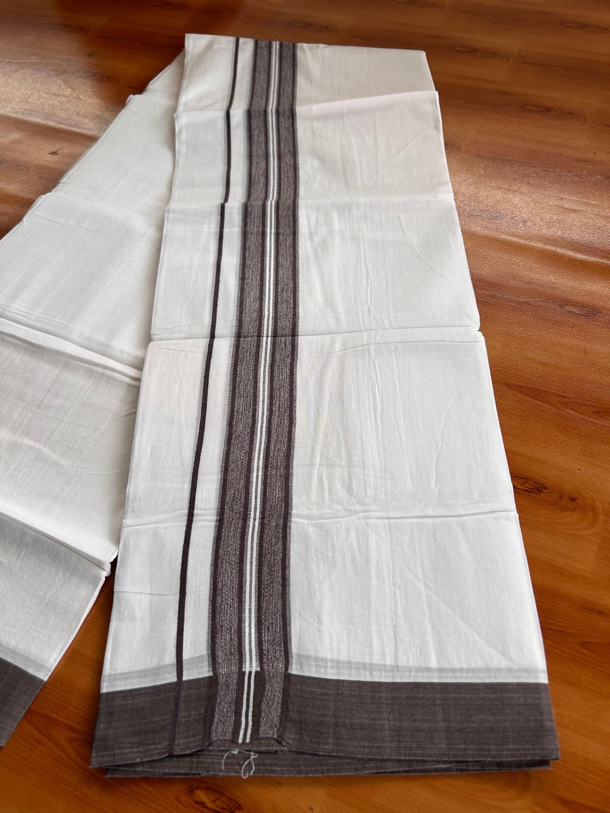 Double Pure White Mundu/Dhoti -20% Discount! KaithariKada 100% Cotton - 100x80 - 1.5 Inch Wine Brown Shaded Striped Kara - 3.80 mtr (8 muzham) - 29 KK5519 PMC