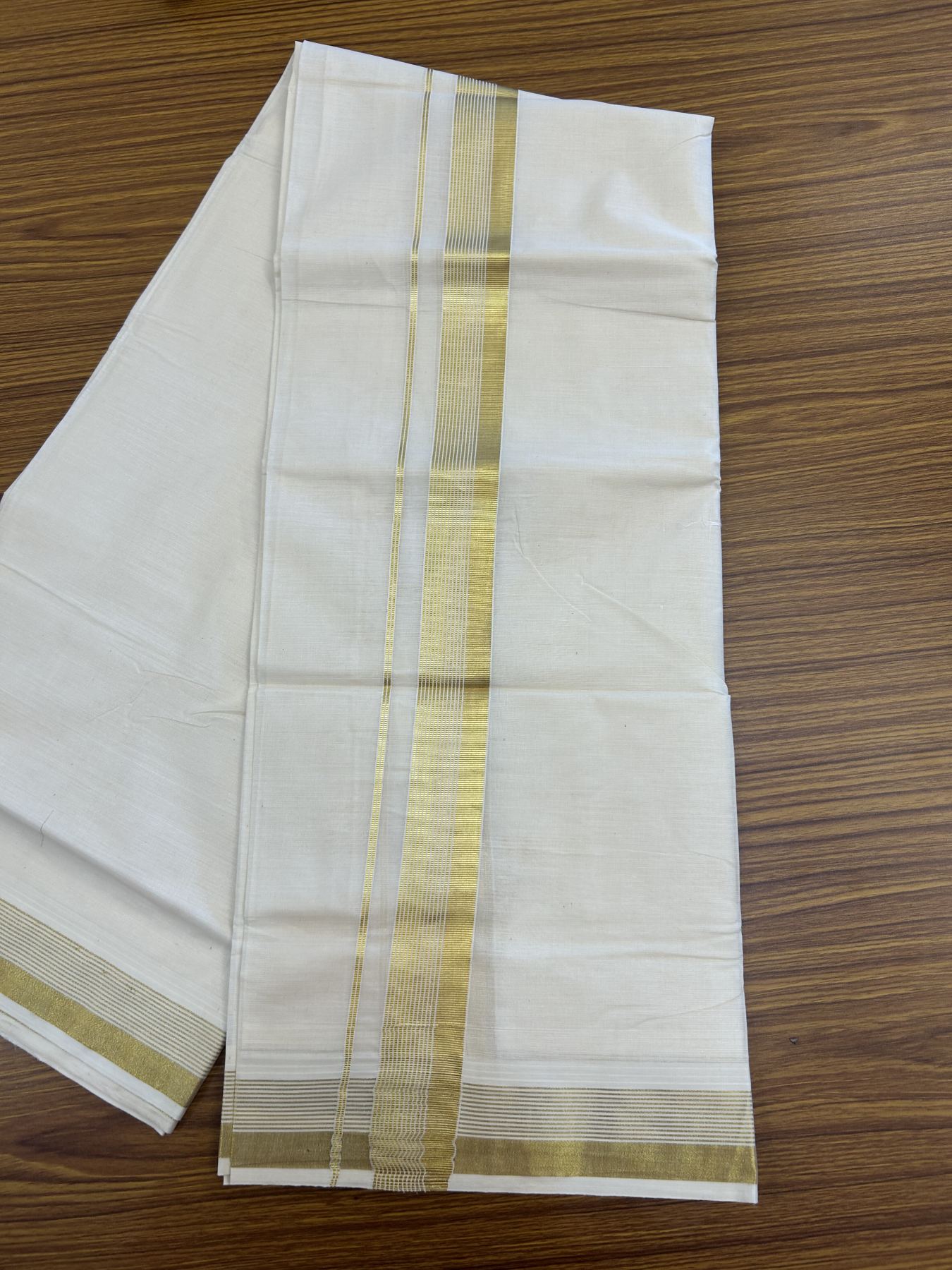 20% Discount ! KaithariKada Balaramapuram - 100% Pure Cotton Off White - (Unbleached) Double Mundu/Dhoti - 100X80 - 1.5 inch Gold Kasav Striped Kara 4 mtr (8.5 muzham) - 9 KK5340 VIN