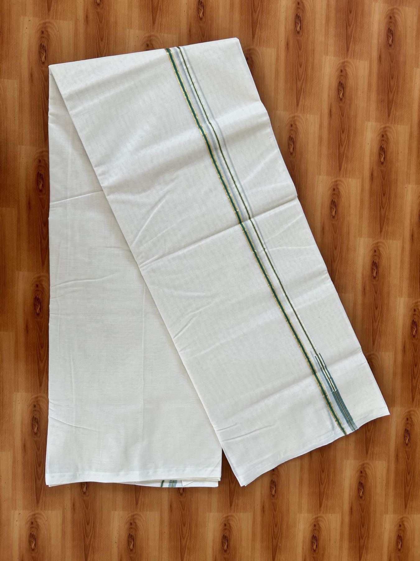 Double Off white Mundu/Dhoti - 20% Discount! KaithariKada 100% Cotton - 100x100 - 1 cm Puliyilakkara Gold Kasav & Teal Green Chutty Kara 4 mtr (8.5 muzham) - 13 KK5453 ASH