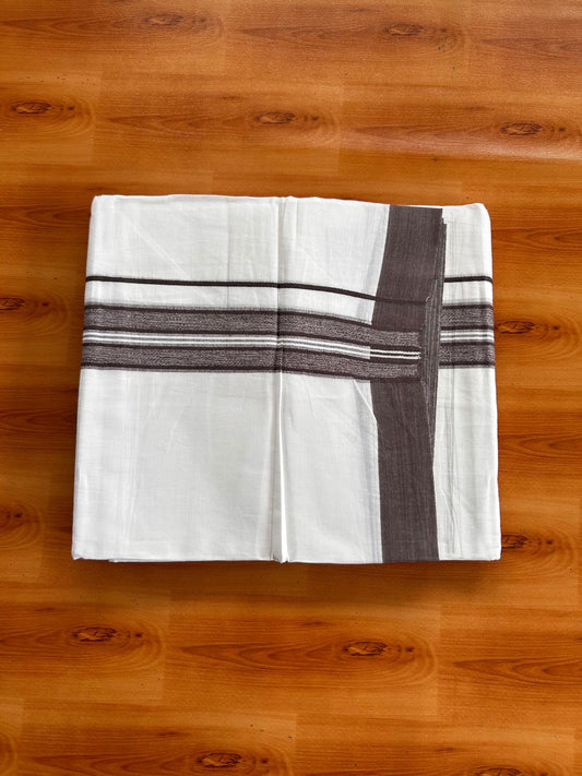 Double Pure White Mundu/Dhoti -20% Discount! KaithariKada 100% Cotton - 100x80 - 1.5 Inch Wine Brown Shaded Striped Kara - 3.80 mtr (8 muzham) - 29 KK5519 PMC