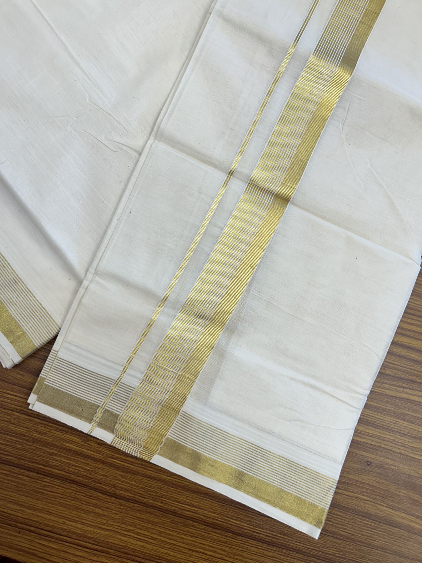 20% Discount ! KaithariKada Balaramapuram - 100% Pure Cotton Off White - (Unbleached) Double Mundu/Dhoti - 100X80 - 1.5 inch Gold Kasav Striped Kara 4 mtr (8.5 muzham) - 9 KK5340 VIN