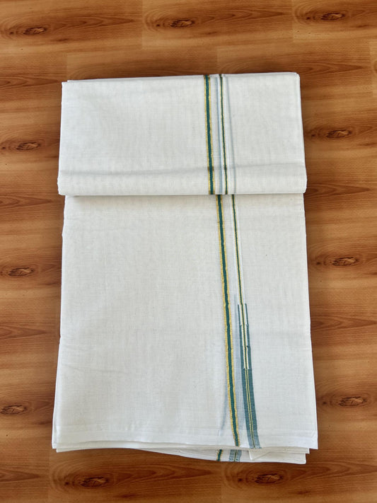 Double Off white Mundu/Dhoti - 20% Discount! KaithariKada 100% Cotton - 100x100 - 1 cm Puliyilakkara Gold Kasav & Teal Green Chutty Kara 4 mtr (8.5 muzham) - 13 KK5453 ASH