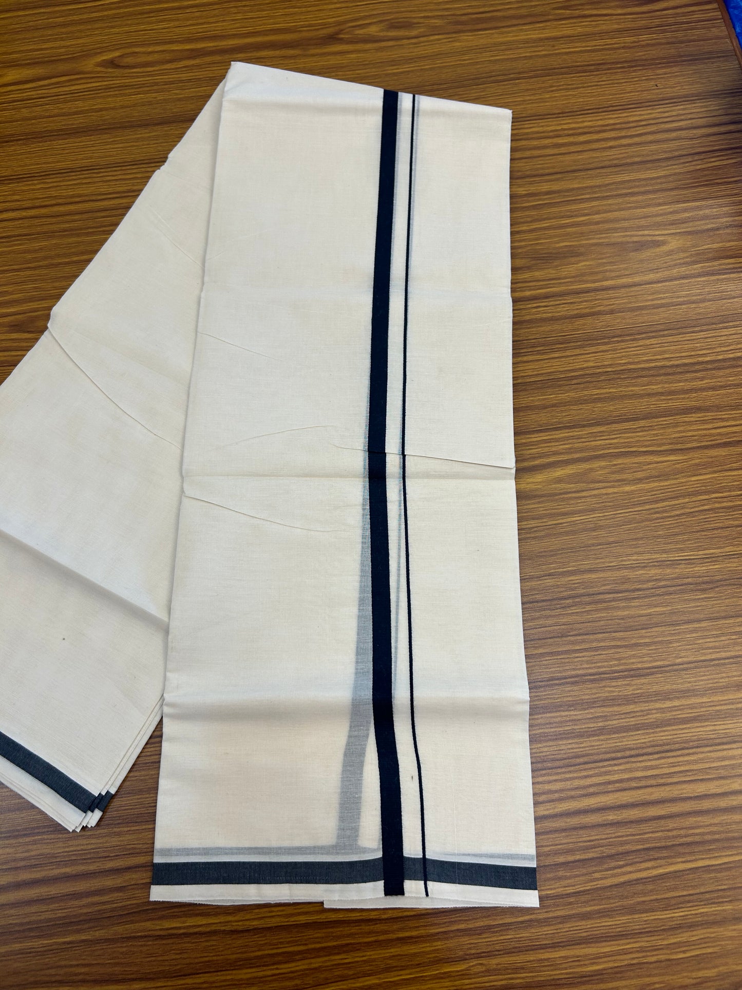 20% Discount! KaithariKada Balaramapuram 100% Cotton Double Off white - (Unbleached) - Mundu/Dhoti  (80s) - 1.5 cm Navy Blue Kara 4 mtr (8.5 muzham) - 46 KK5362 GAN