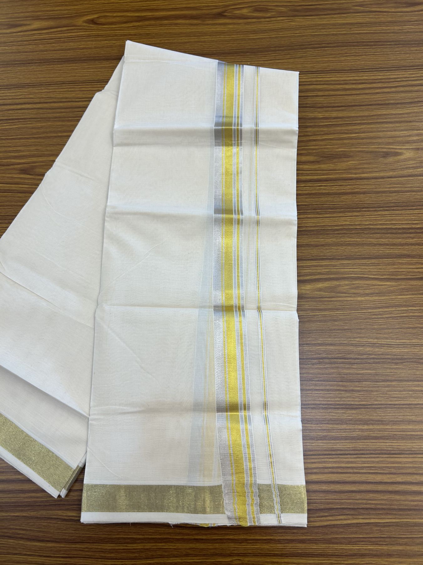 20% Discount ! KaithariKada Balaramapuram - 100% Pure Cotton Off White - (Unbleached) Double Mundu/Dhoti - 100X80 - 1.5 inch Gold Kasav & Silver Kasav Striped Kara 4 mtr (8.5 muzham) - 14 KK5340 VIN
