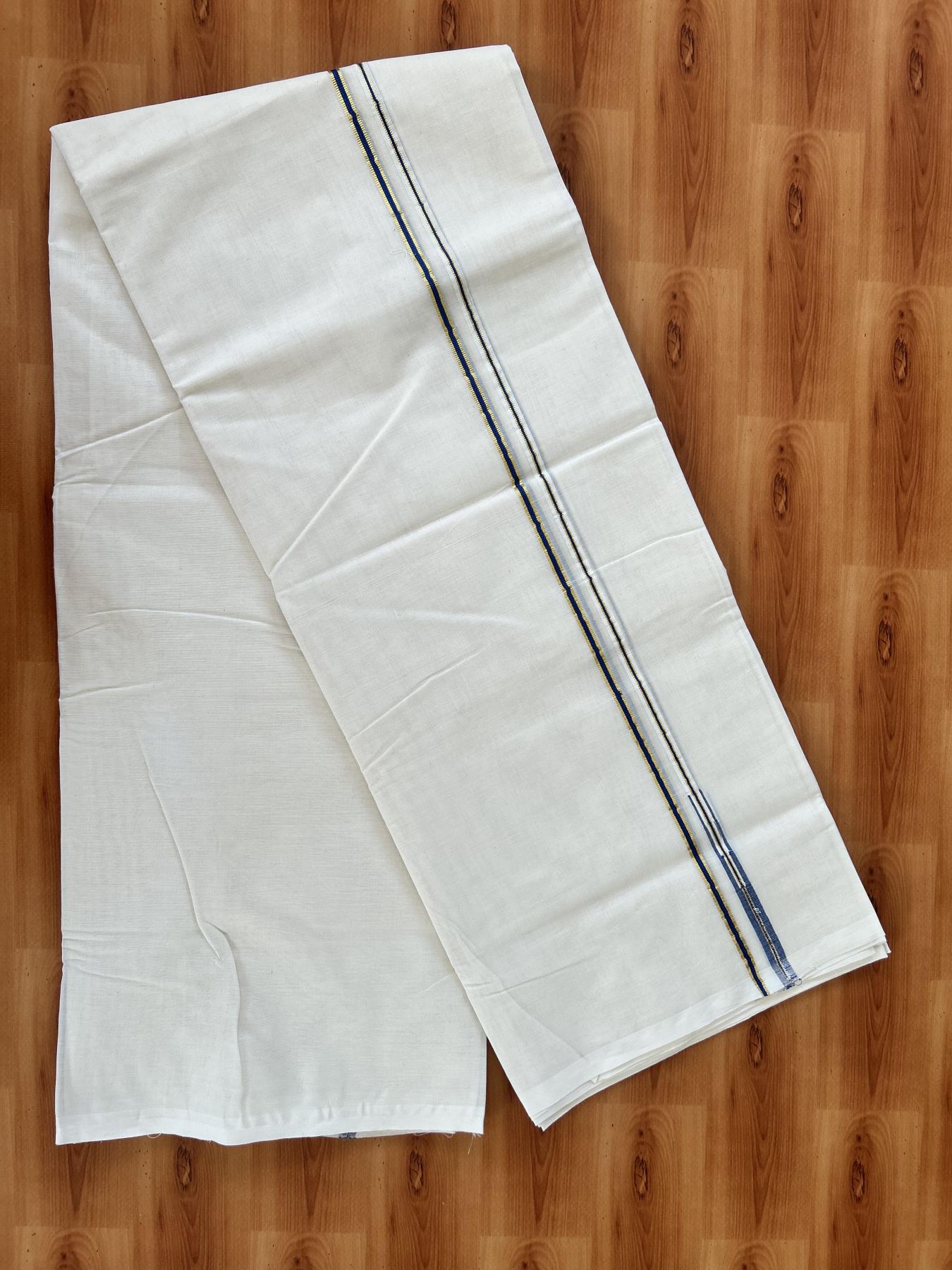 Double Off white Mundu/Dhoti - 20% Discount! KaithariKada 100% Cotton - 100x100 - 1 cm Puliyilakkara Gold Kasav & Blue Chutty Kara 4 mtr (8.5 muzham) - 14 KK5453 ASH