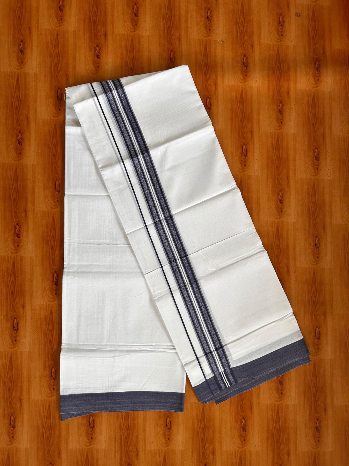 Double Pure White Mundu/Dhoti -20% Discount! KaithariKada 100% Cotton - 100x80 - 1.5 Inch Navy Blue Shaded Striped Kara - 3.80 mtr (8 muzham) - 30 KK5519 PMC