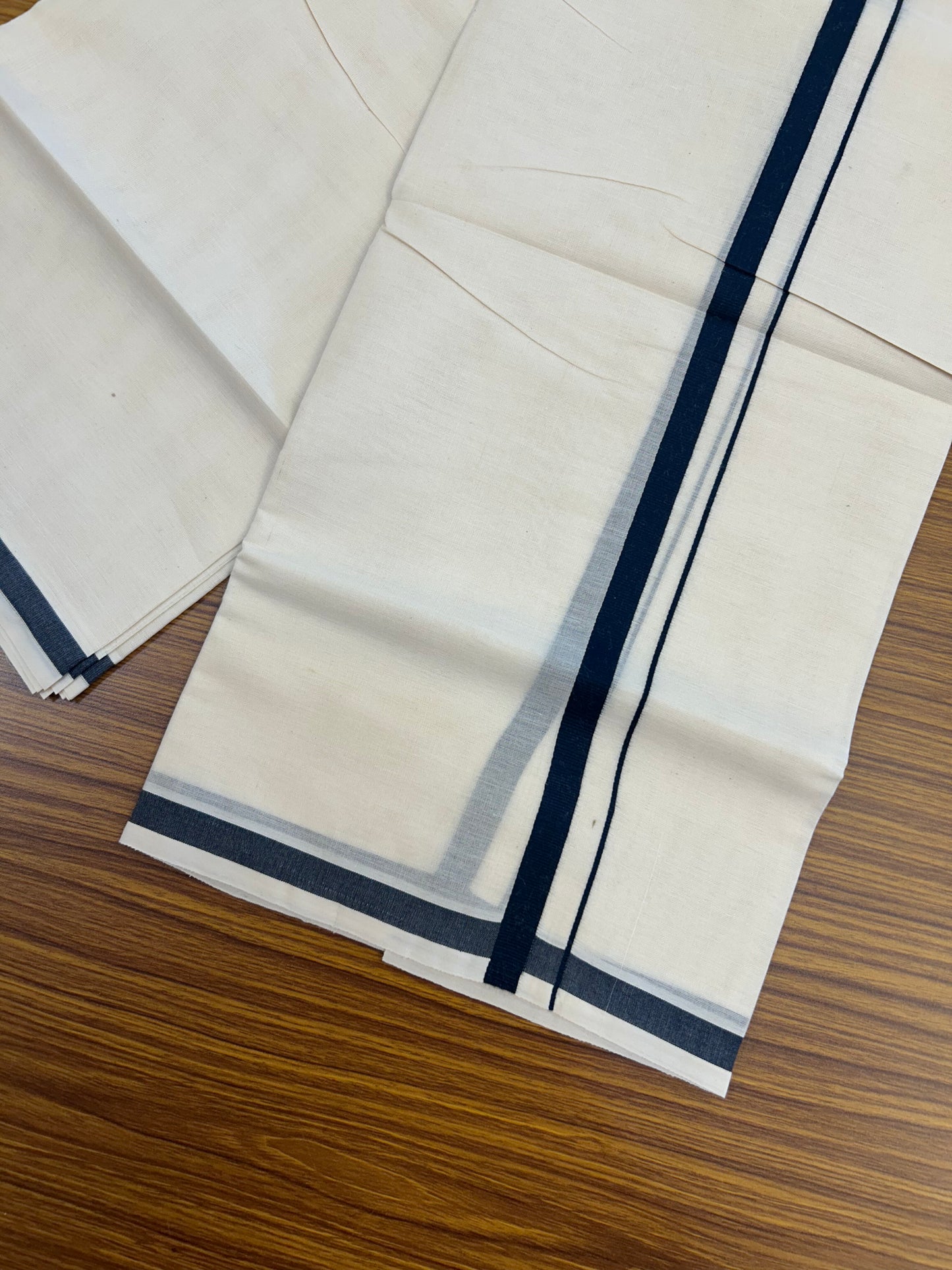 20% Discount! KaithariKada Balaramapuram 100% Cotton Double Off white - (Unbleached) - Mundu/Dhoti  (80s) - 1.5 cm Navy Blue Kara 4 mtr (8.5 muzham) - 46 KK5362 GAN