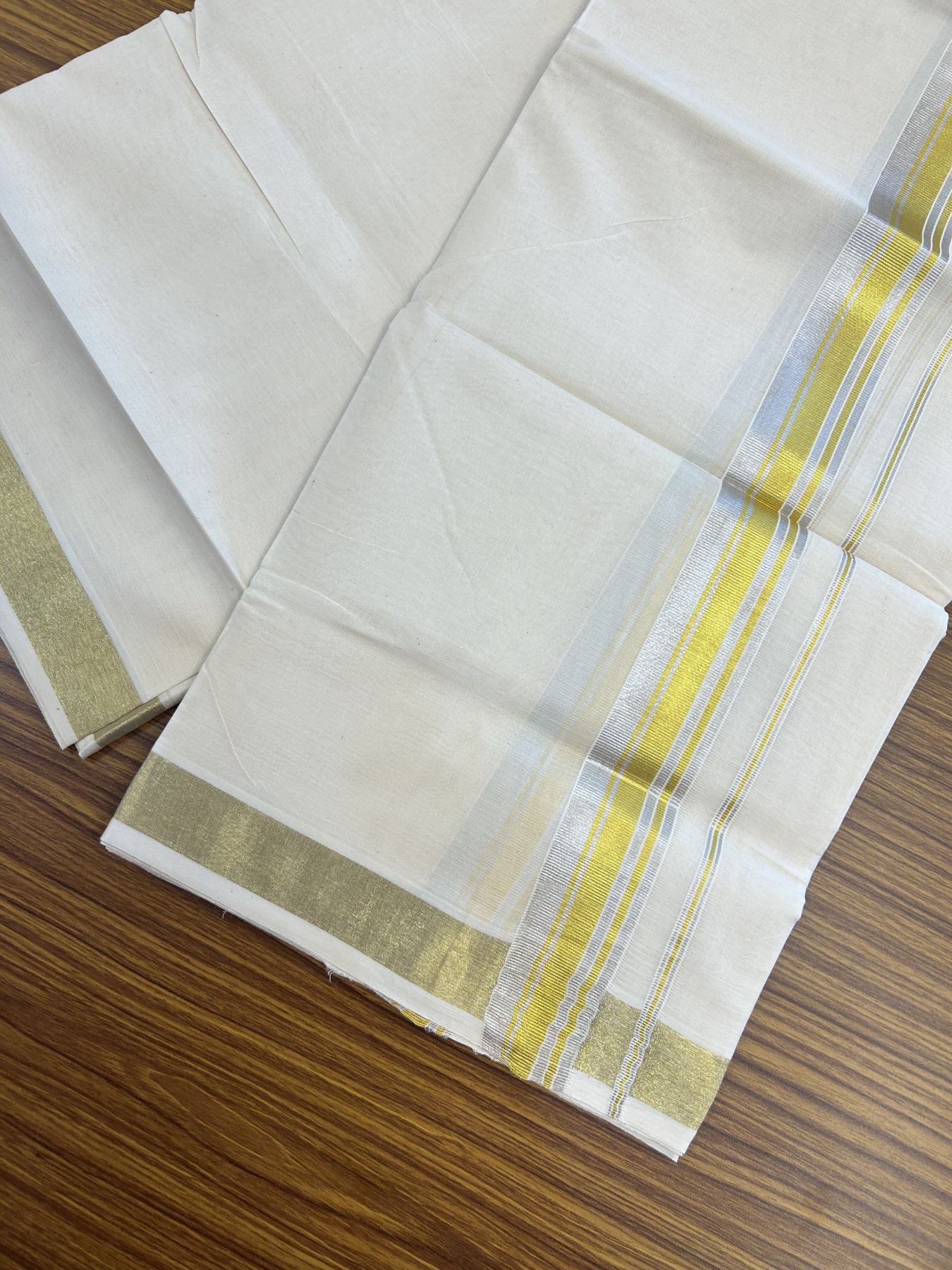 20% Discount ! KaithariKada Balaramapuram - 100% Pure Cotton Off White - (Unbleached) Double Mundu/Dhoti - 100X80 - 1.5 inch Gold Kasav & Silver Kasav Striped Kara 4 mtr (8.5 muzham) - 14 KK5340 VIN