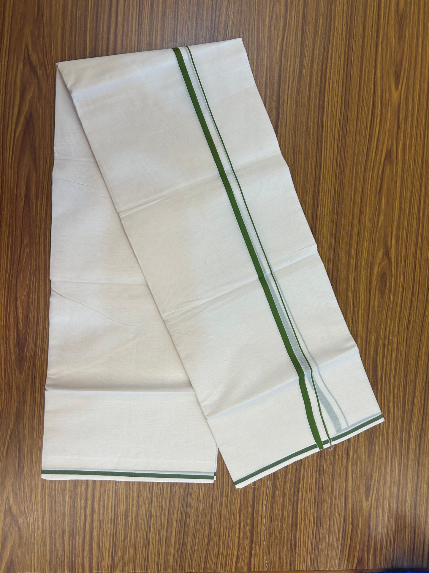 20% Discount! KaithariKada Balaramapuram 100% Cotton Double Off white - (Unbleached) - Mundu/Dhoti  (80s) - 1 cm Parrot Green Kara 4 mtr (8.5 muzham) - 49 KK5362 GAN