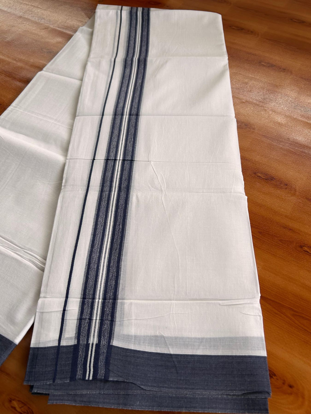 Double Pure White Mundu/Dhoti -20% Discount! KaithariKada 100% Cotton - 100x80 - 1.5 Inch Navy Blue Shaded Striped Kara - 3.80 mtr (8 muzham) - 30 KK5519 PMC