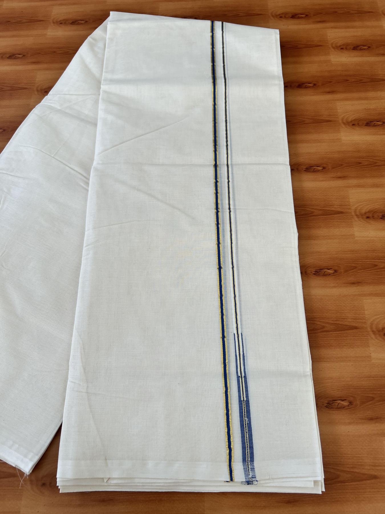 Double Off white Mundu/Dhoti - 20% Discount! KaithariKada 100% Cotton - 100x100 - 1 cm Puliyilakkara Gold Kasav & Blue Chutty Kara 4 mtr (8.5 muzham) - 14 KK5453 ASH