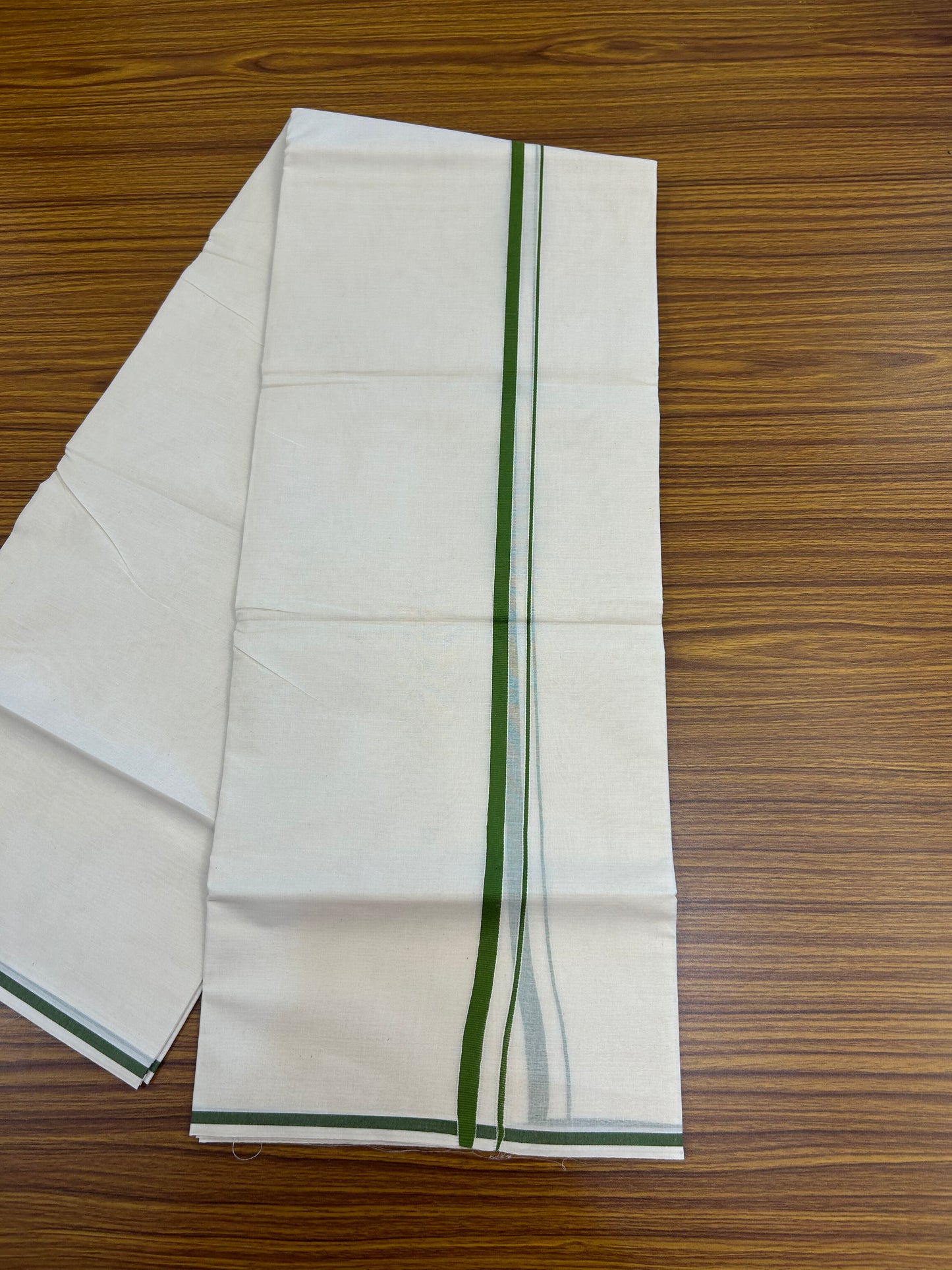 20% Discount! KaithariKada Balaramapuram 100% Cotton Double Off white - (Unbleached) - Mundu/Dhoti  (80s) - 1 cm Parrot Green Kara 4 mtr (8.5 muzham) - 49 KK5362 GAN