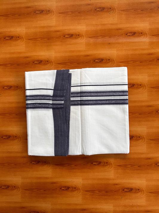 Double Pure White Mundu/Dhoti -20% Discount! KaithariKada 100% Cotton - 100x80 - 1.5 Inch Navy Blue Shaded Striped Kara - 3.80 mtr (8 muzham) - 30 KK5519 PMC