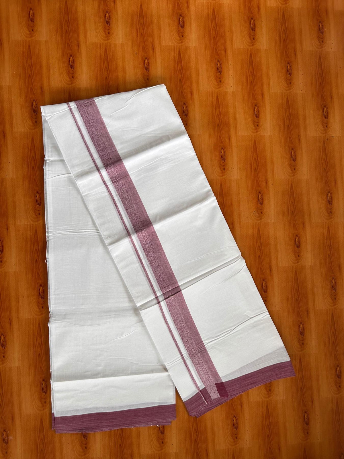 Double Pure White Mundu/Dhoti -20% Discount! KaithariKada 100% Cotton - 100x80 - 1.25 Inch Light Wine Shaded Kara - 3.80 mtr (8 muzham) - 31 KK5519 PMC