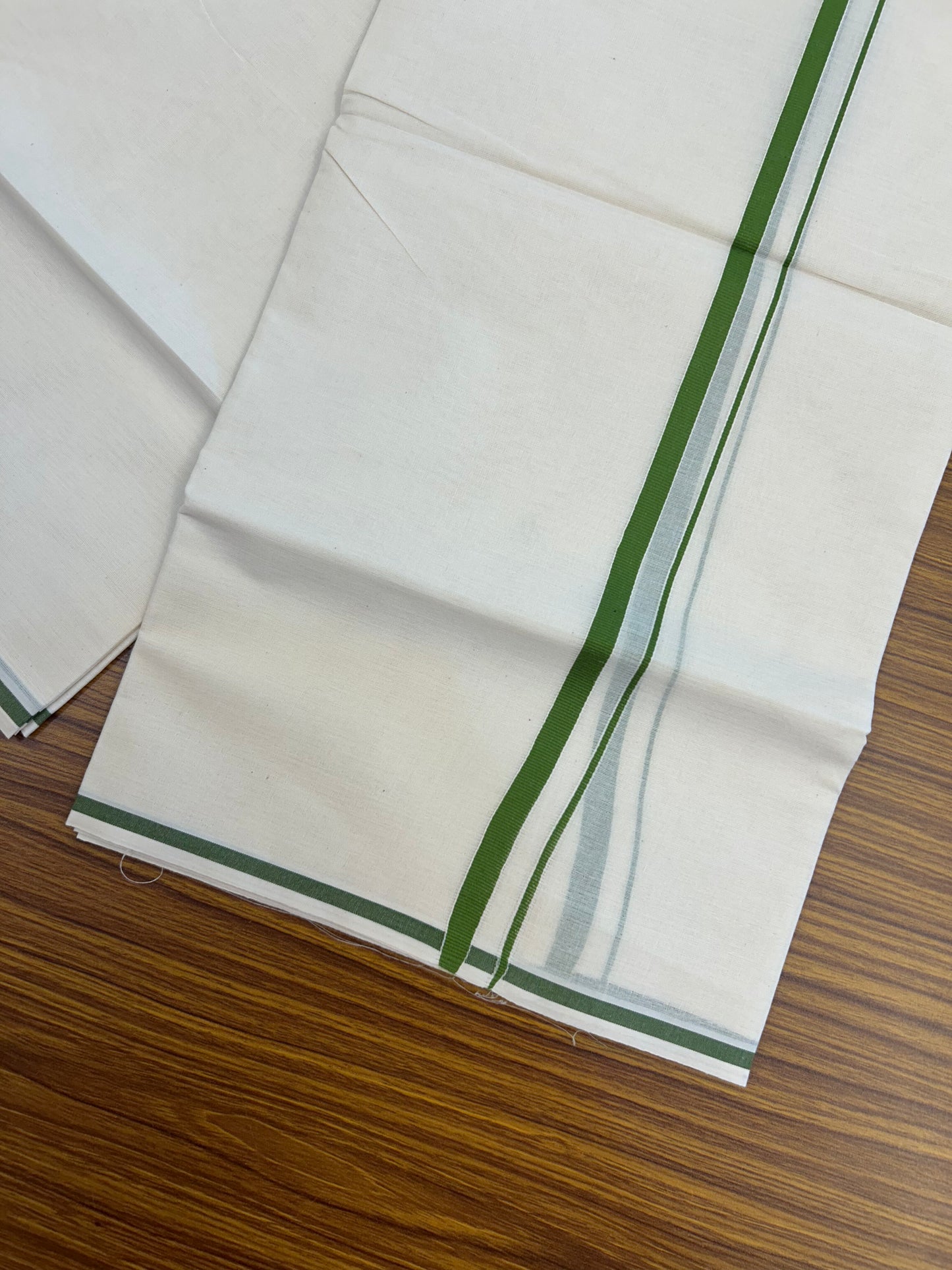 20% Discount! KaithariKada Balaramapuram 100% Cotton Double Off white - (Unbleached) - Mundu/Dhoti  (80s) - 1 cm Parrot Green Kara 4 mtr (8.5 muzham) - 49 KK5362 GAN