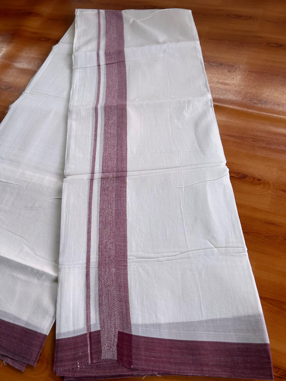 Double Pure White Mundu/Dhoti -20% Discount! KaithariKada 100% Cotton - 100x80 - 1.25 Inch Light Wine Shaded Kara - 3.80 mtr (8 muzham) - 31 KK5519 PMC