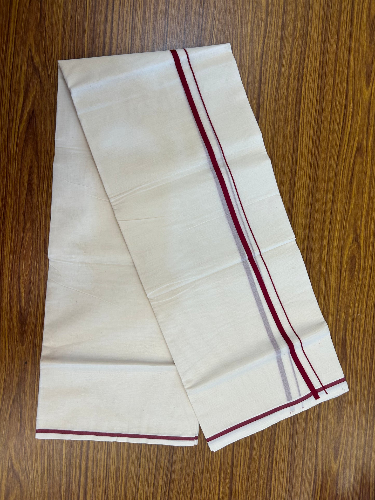 20% Discount! KaithariKada Balaramapuram 100% Cotton Double Off white - (Unbleached) - Mundu/Dhoti  (80s) - 1 cm Maroon Red Kara 4 mtr (8.5 muzham) - 50 KK5362 GAN