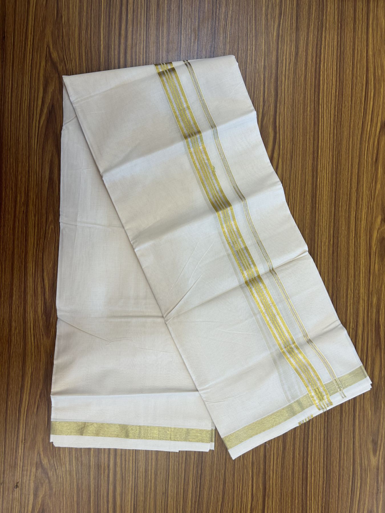 20% Discount ! KaithariKada Balaramapuram - 100% Pure Cotton Off White - (Unbleached) Double Mundu/Dhoti - 100X80 - 1 inch Gold Kasav & Silver Kasav Striped Kara 4 mtr (8.5 muzham) - 10 KK5340 VIN